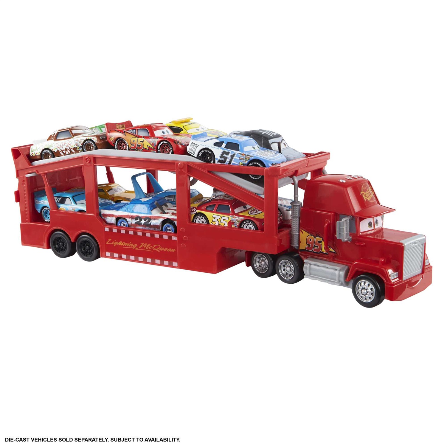 Mattel - Disney Pixar Cars Mack Trasportatore HDN03, Camion da 33 cm con Rampa e Spazio per Trasportare Fino a 12 Macchinine su Due Livelli, Giocattolo per Bambini 3 Anni