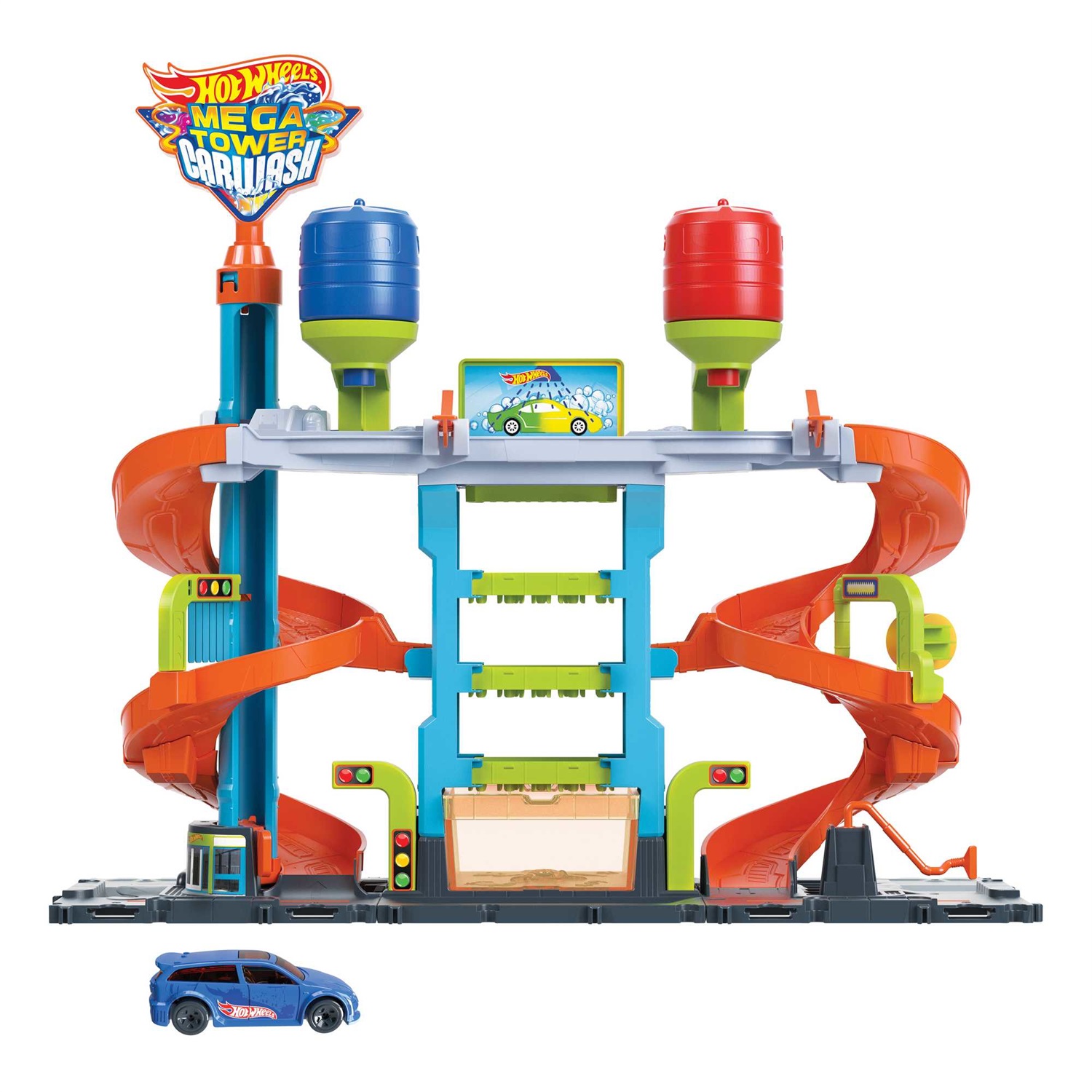 Hot Wheels City Mega Torre Autolavaggio con 1 Macchinina Color Shifters, Serbatoi per Acqua Calda e Fredda, Giocattolo per Bambini 4 Anni