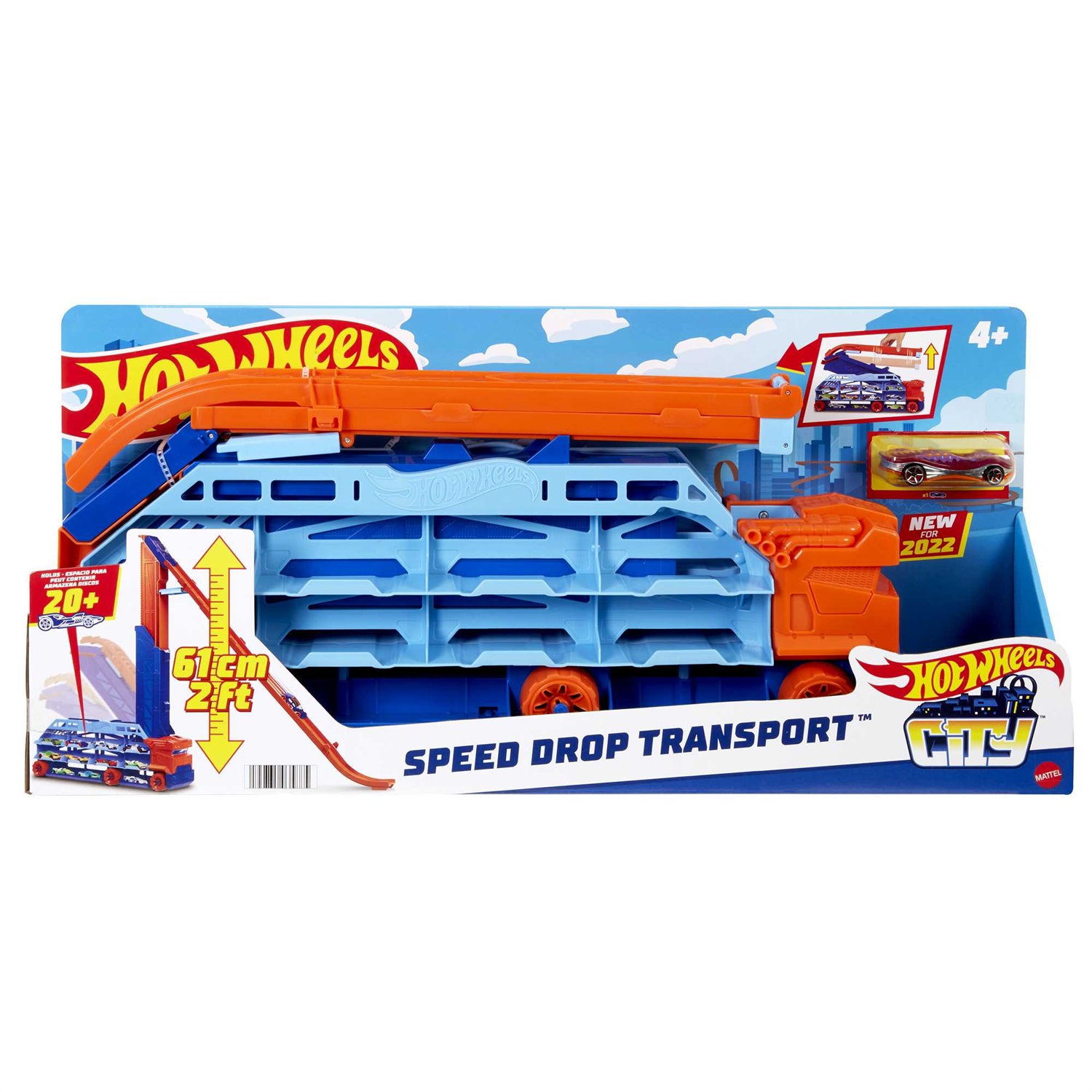 Hot Wheels City HDY92 - Autotrasportatore a Caduta Libera con 1 macchinina, oltre 20 veicoli in scala 1:64 e pista con discesa da 60 cm, Giocattolo per Bambini 4 Anni