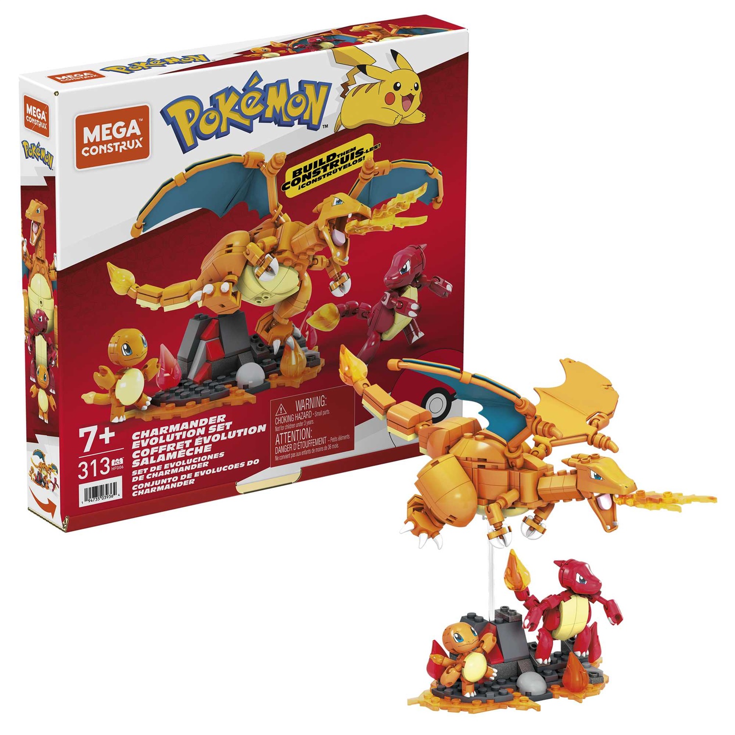 MEGA Construx Pokémon Personaggio Charmander Evolution con 313 Blocchi da Costruzione, Set di Costruzioni con Charmander, Charmeleon e Charizard, Giocattolo per Bambini 7 Anni