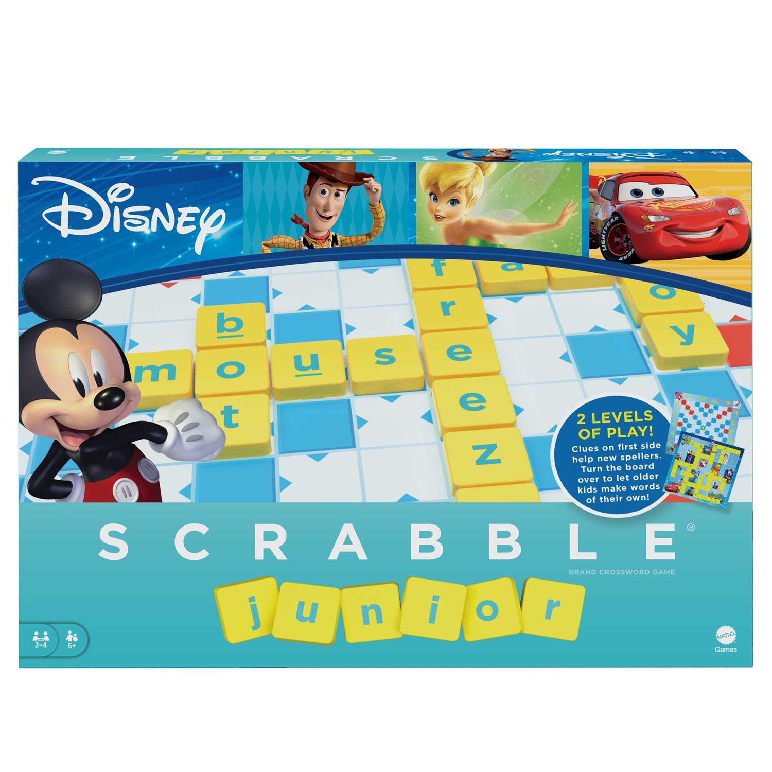 Mattel Games - Scrabble Junior Disney, Gioco da Tavolo delle Parole Crociate con 2 Giochi in 1, Tabellone a 2 Lati e Immagini dei Personaggi Disney, per Bambini 6 Anni, HFK22