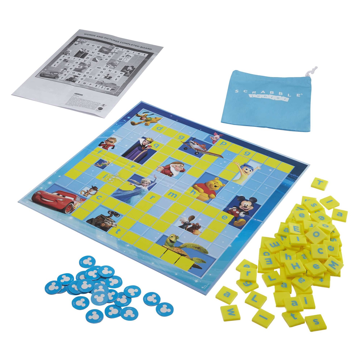Mattel Games - Scrabble Junior Disney, Gioco da Tavolo delle Parole Crociate con 2 Giochi in 1, Tabellone a 2 Lati e Immagini dei Personaggi Disney, per Bambini 6 Anni, HFK22
