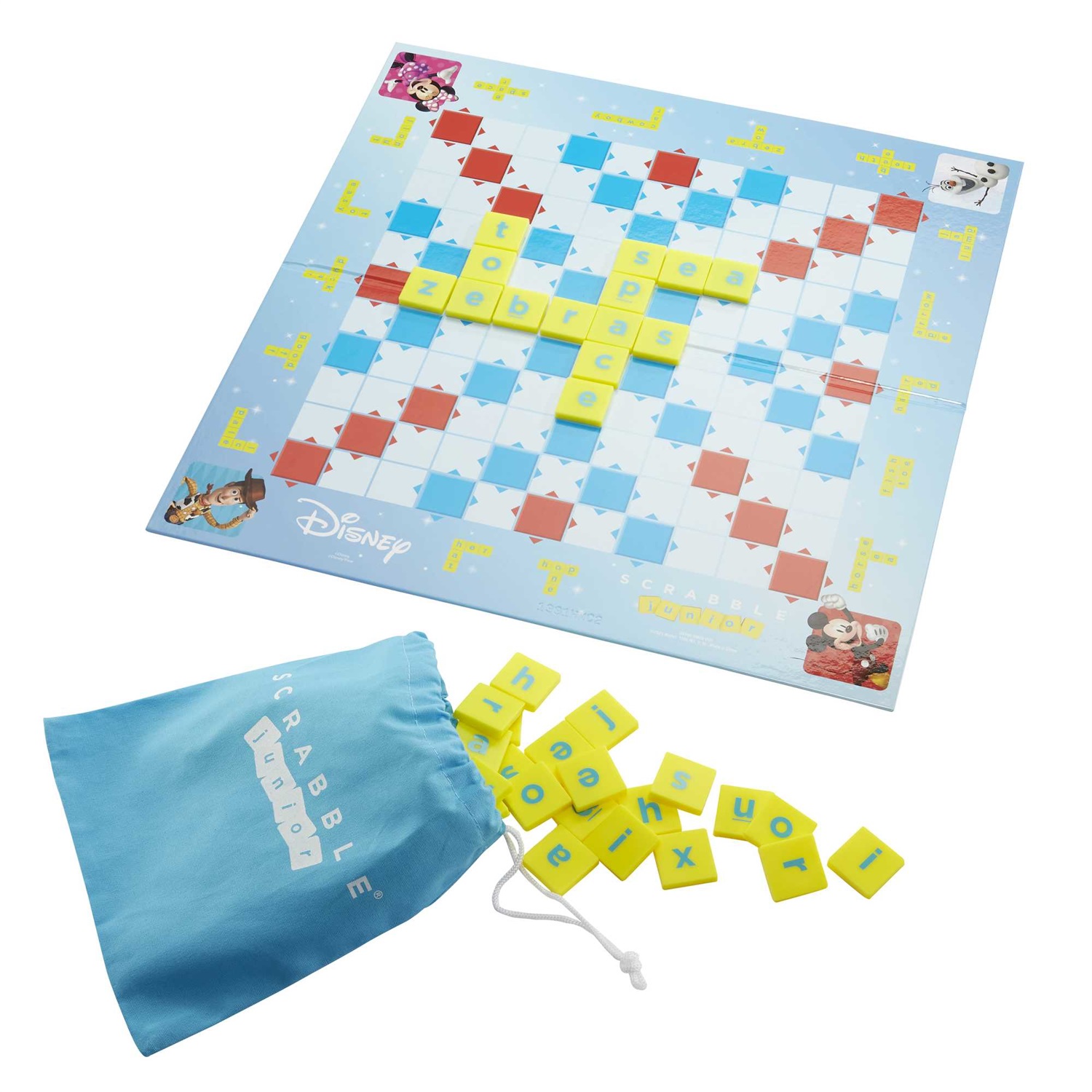 Mattel Games - Scrabble Junior Disney, Gioco da Tavolo delle Parole Crociate con 2 Giochi in 1, Tabellone a 2 Lati e Immagini dei Personaggi Disney, per Bambini 6 Anni, HFK22