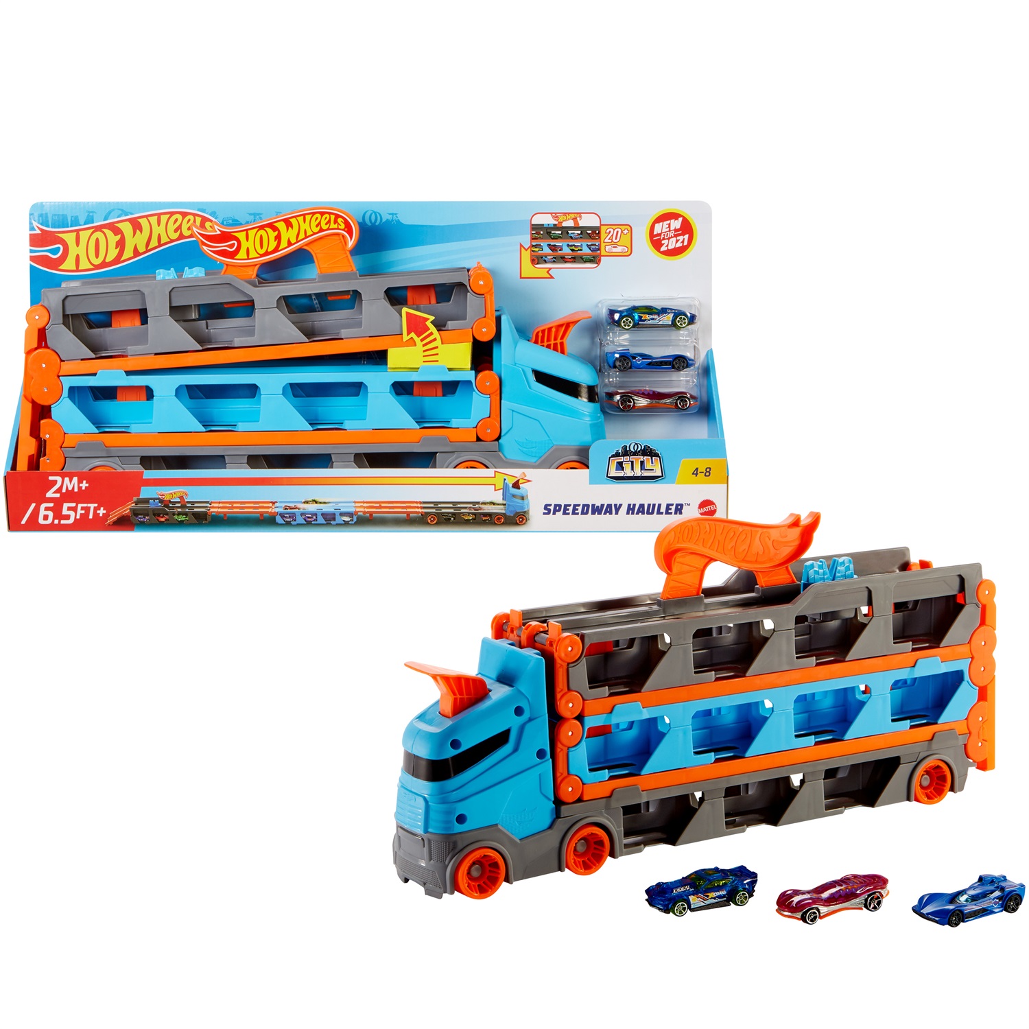 Hot Wheels HGH33 - Camion Trasportatore 2 in 1 con Pista e 3 Auto in Scala 1:64 per Bambini da 4 a 8 Anni