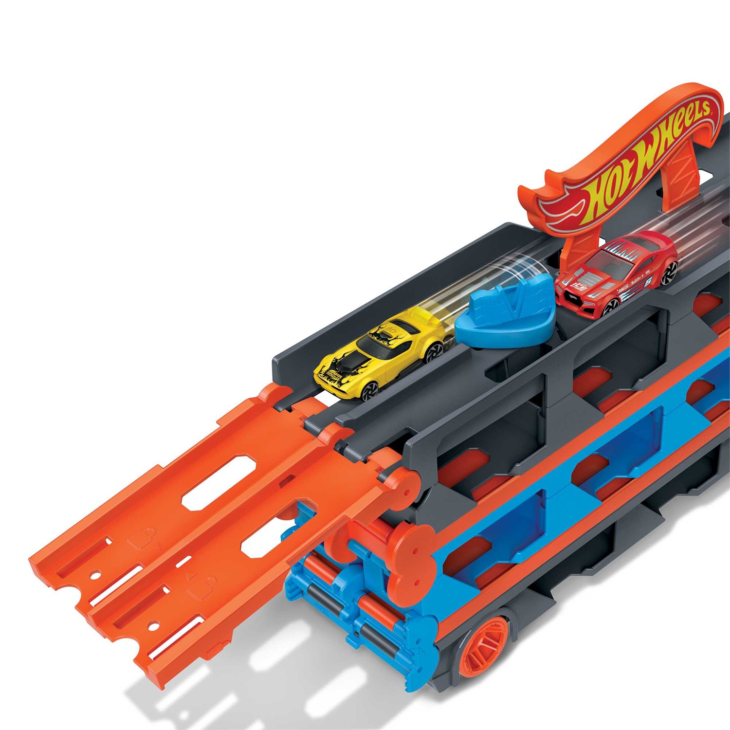 Hot Wheels HGH33 - Camion Trasportatore 2 in 1 con Pista e 3 Auto in Scala 1:64 per Bambini da 4 a 8 Anni