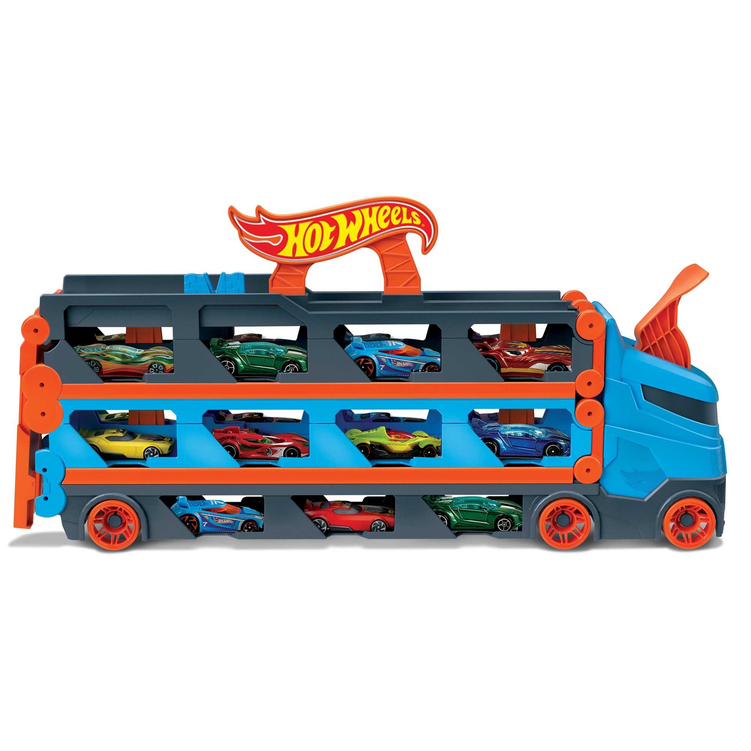 Hot Wheels HGH33 - Camion Trasportatore 2 in 1 con Pista e 3 Auto in Scala 1:64 per Bambini da 4 a 8 Anni