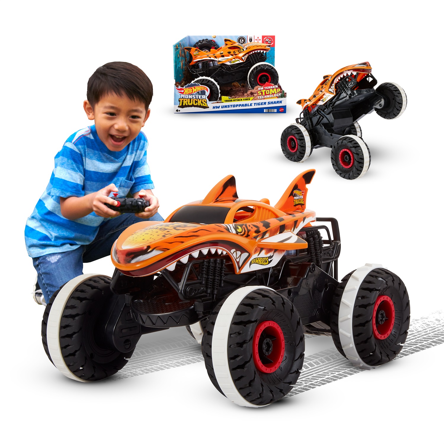 Hot Wheels Monster Trucks Tiger Shark - Giocattolo Telecomandato Fuoristrada 4x4, Radiocomandato, per Bambini 4 Anni, Scala 1:15