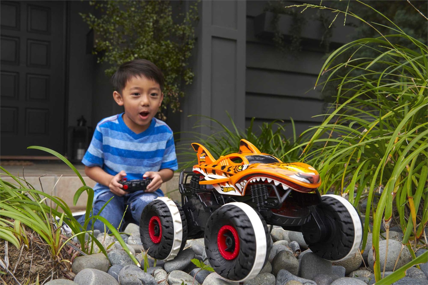 Hot Wheels Monster Trucks Tiger Shark - Giocattolo Telecomandato Fuoristrada 4x4, Radiocomandato, per Bambini 4 Anni, Scala 1:15