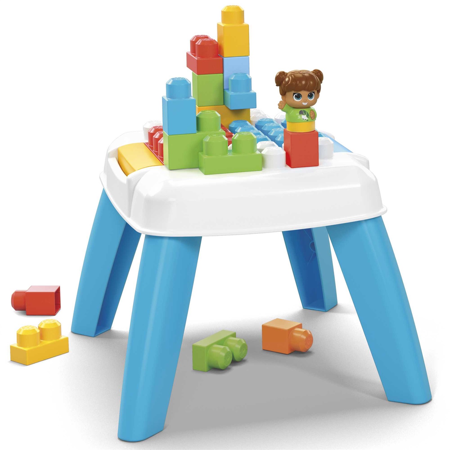 MEGA BLOKS Tavolino Blocchi a Caduta con 23 Blocchi Grandi e 1 Personaggio Block Buddies, Giocattolo per Bambini 1 Anni, HHM99