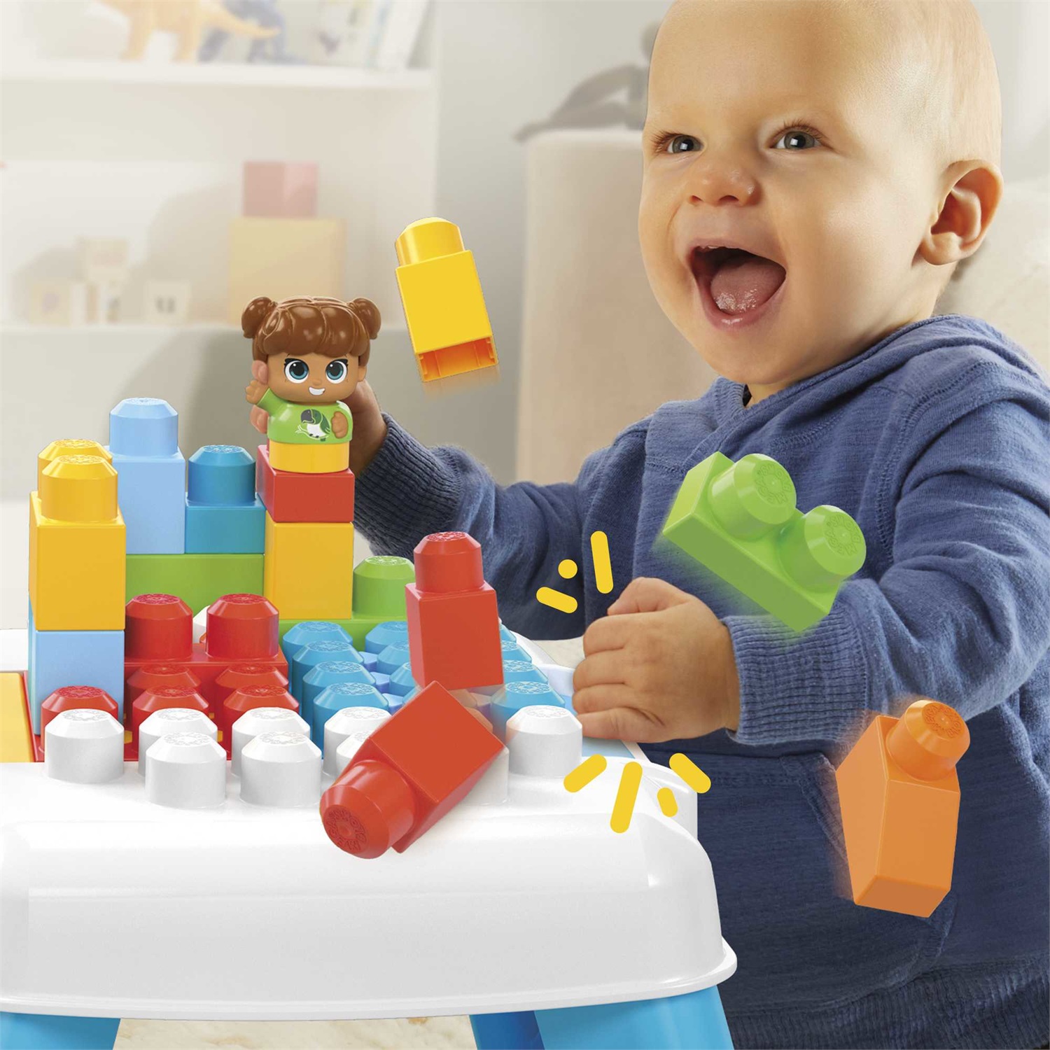 MEGA BLOKS Tavolino Blocchi a Caduta con 23 Blocchi Grandi e 1 Personaggio Block Buddies, Giocattolo per Bambini 1 Anni, HHM99