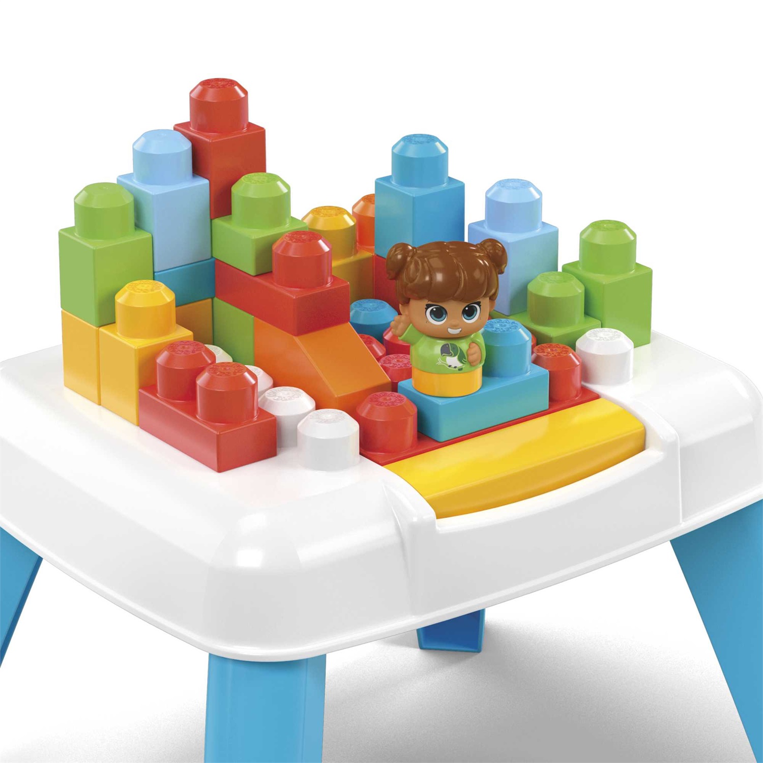 MEGA BLOKS Tavolino Blocchi a Caduta con 23 Blocchi Grandi e 1 Personaggio Block Buddies, Giocattolo per Bambini 1 Anni, HHM99