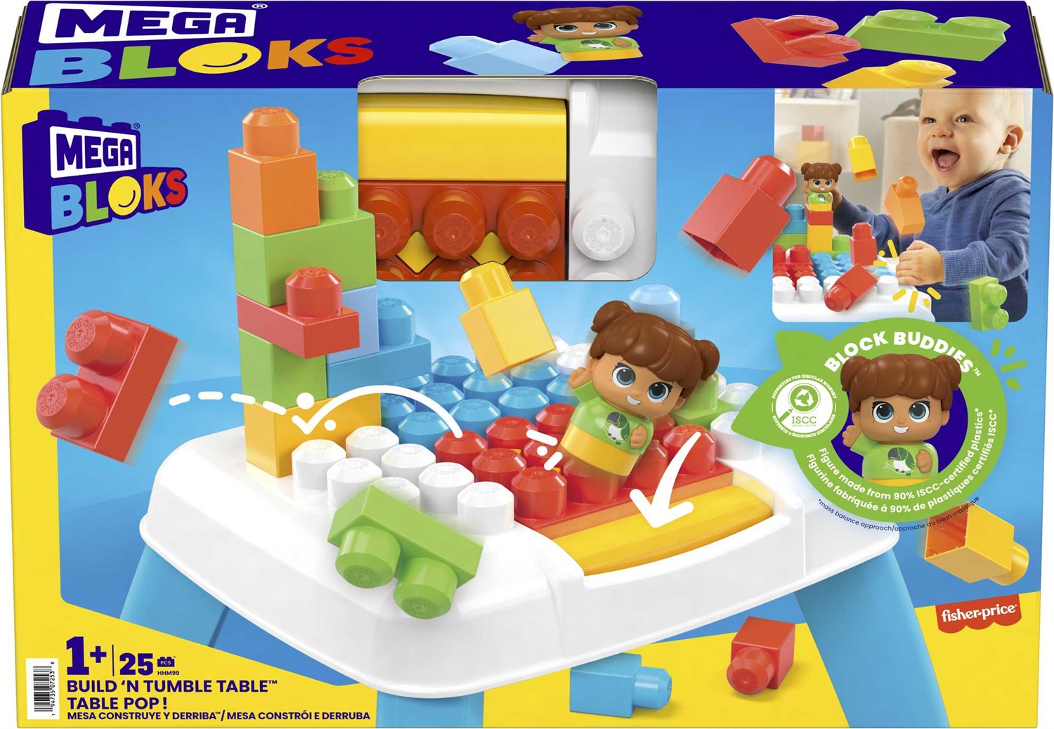 MEGA BLOKS Tavolino Blocchi a Caduta con 23 Blocchi Grandi e 1 Personaggio Block Buddies, Giocattolo per Bambini 1 Anni, HHM99