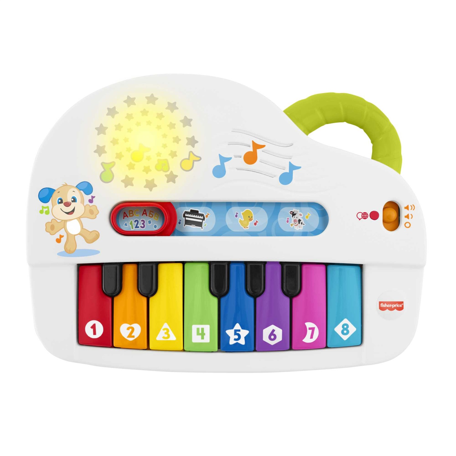 Fisher-Price Pianoforte di Cagnolino Ridi & Impara Edizione Multilingue, Portatile con Luci, Versi degli Animali, Contenuti Educativi e 4 Modalità di Gioco, Giocattolo per Bambini 6+ Mesi
