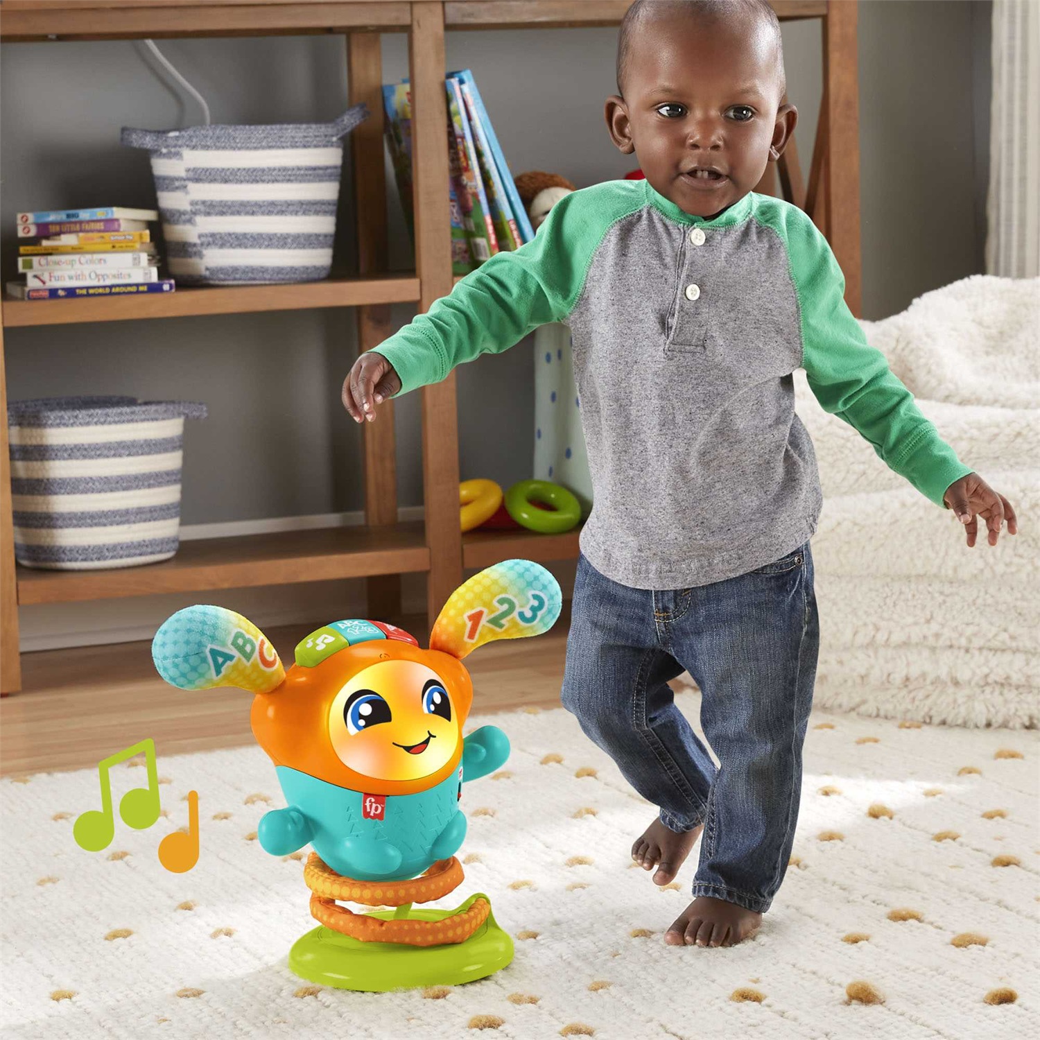 Fisher-Price DJ Hüpfi - Giocattolo educativo musicale interattivo con luci e azione saltellante per bambini 9-36 mesi
