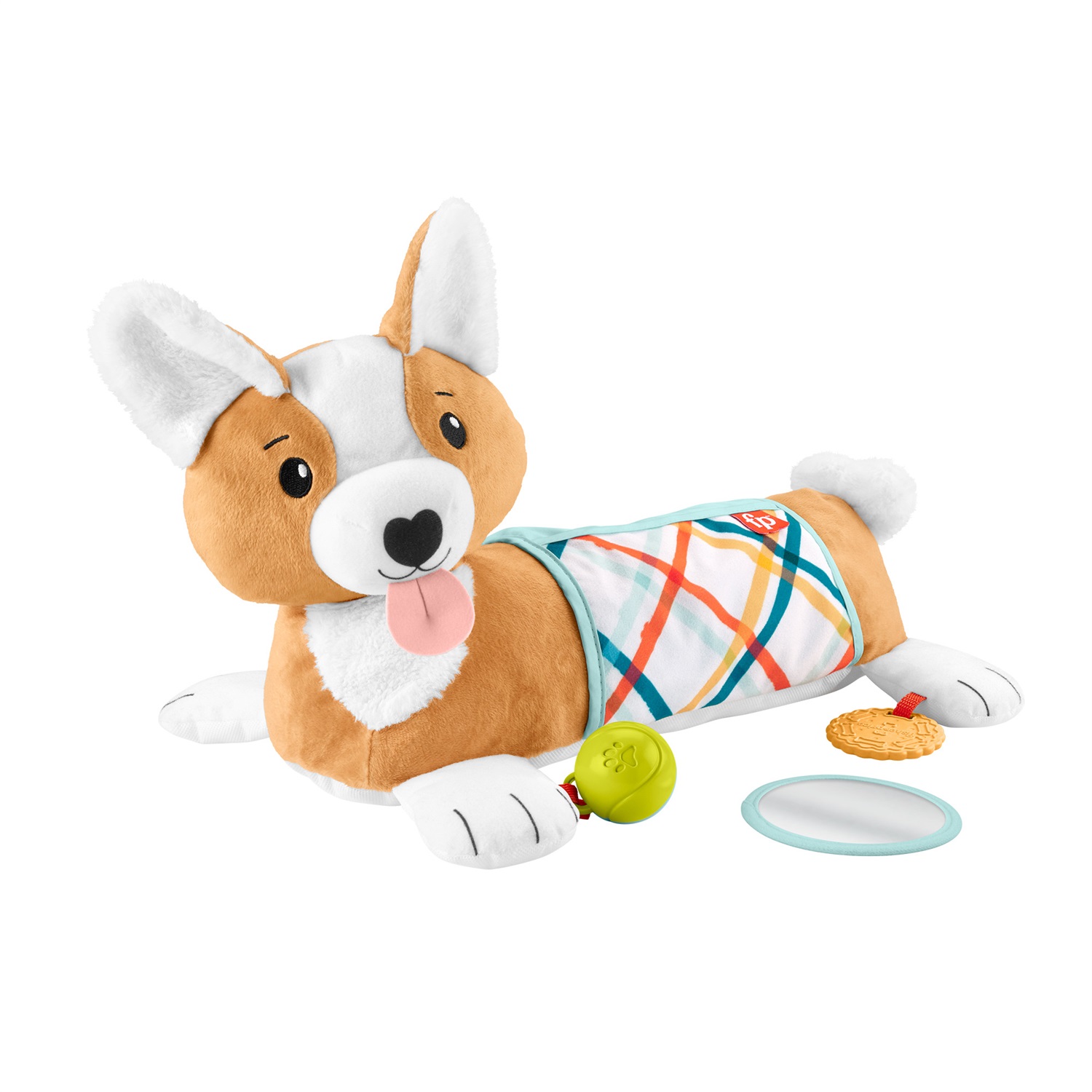 Fisher-Price Cuscino Corgi Tummy Time 3 in 1 - Sostegno per Bambini in 3 Modi con Specchietto e Sonaglino, Senza BPA
