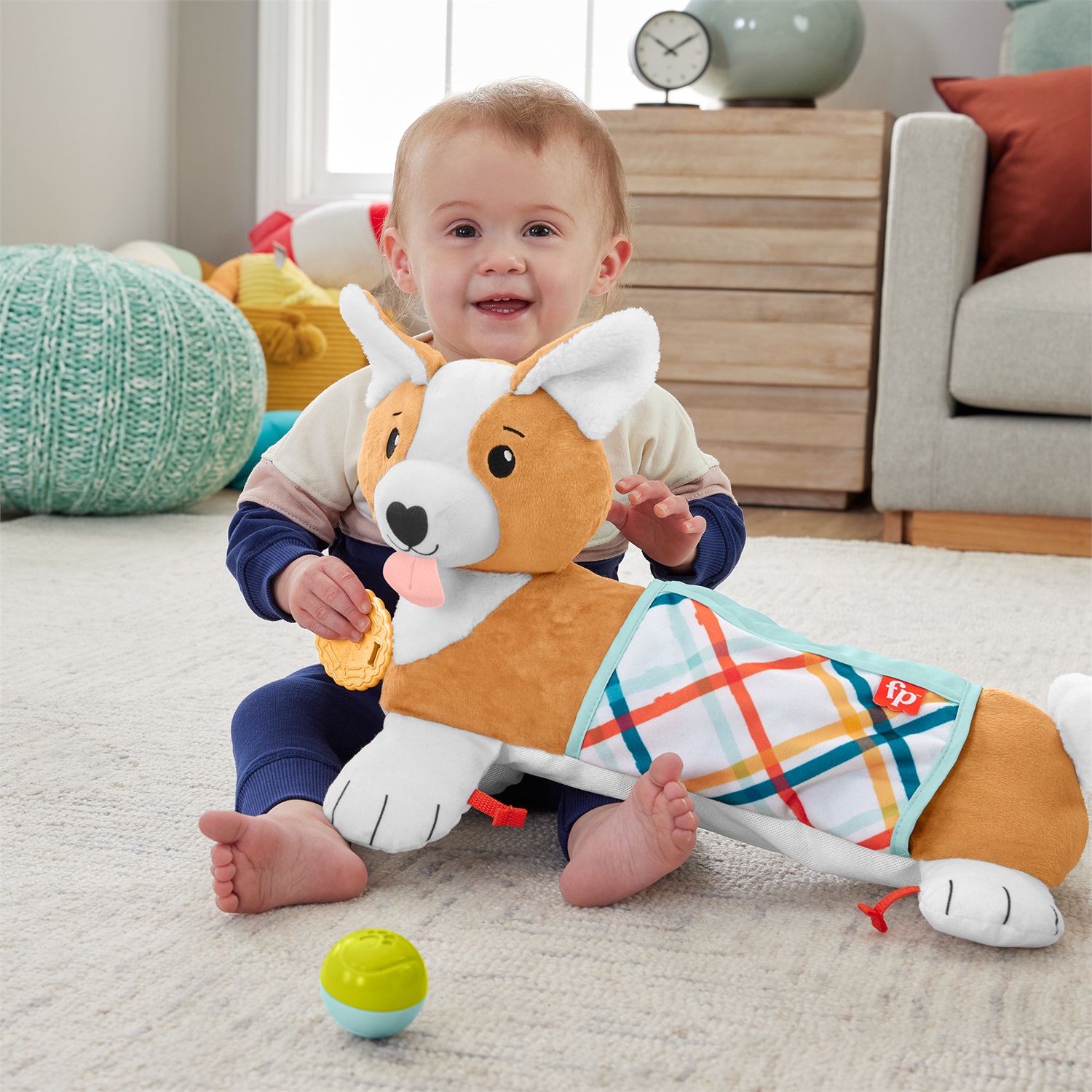 Fisher-Price Cuscino Corgi Tummy Time 3 in 1 - Sostegno per Bambini in 3 Modi con Specchietto e Sonaglino, Senza BPA