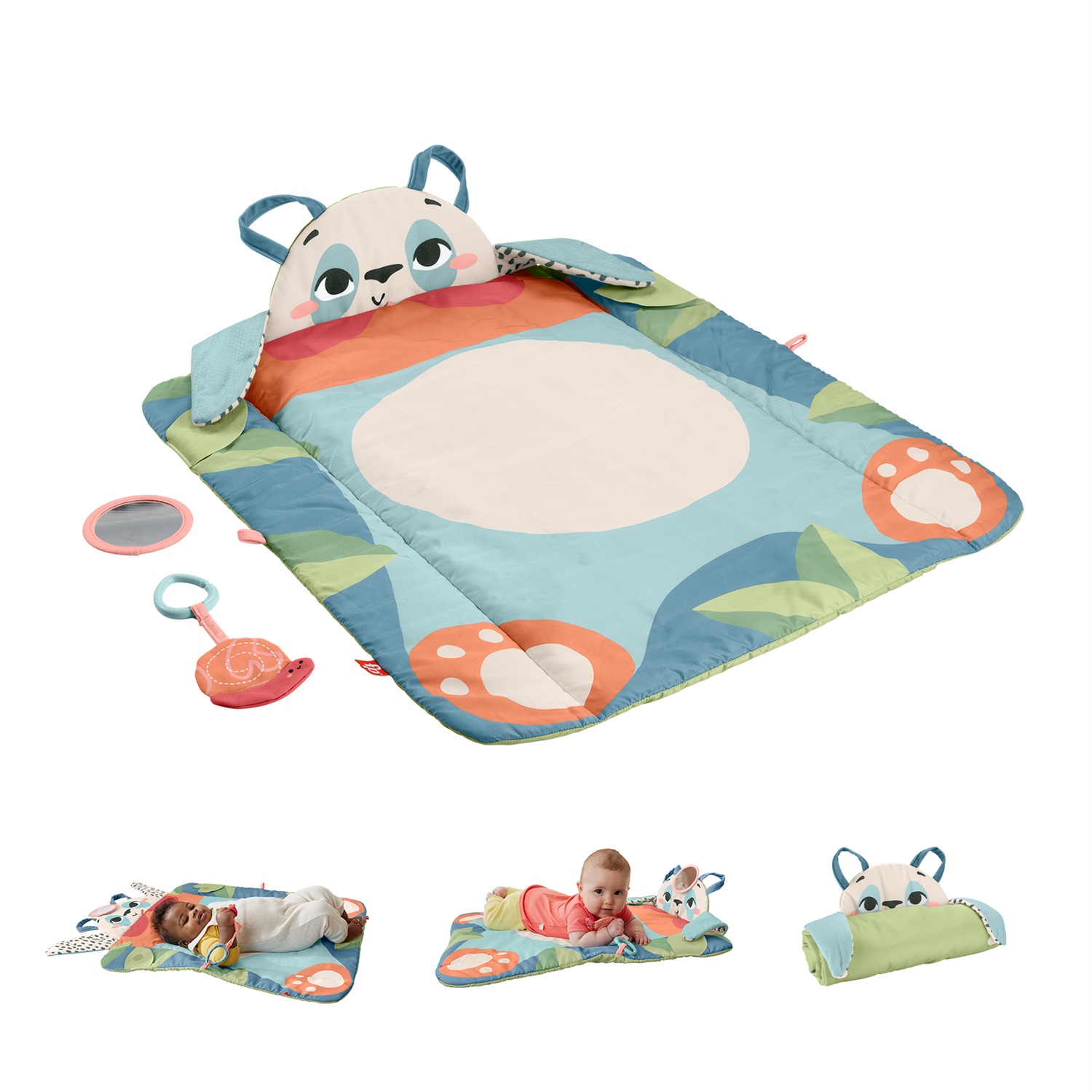 Fisher-Price Amici del Pianeta Tappetino da Gioco Panda - 3 in 1, Realizzato con Plastica Riciclata, Inclusi Gioco Frusciante e Specchietto, 0 Mesi