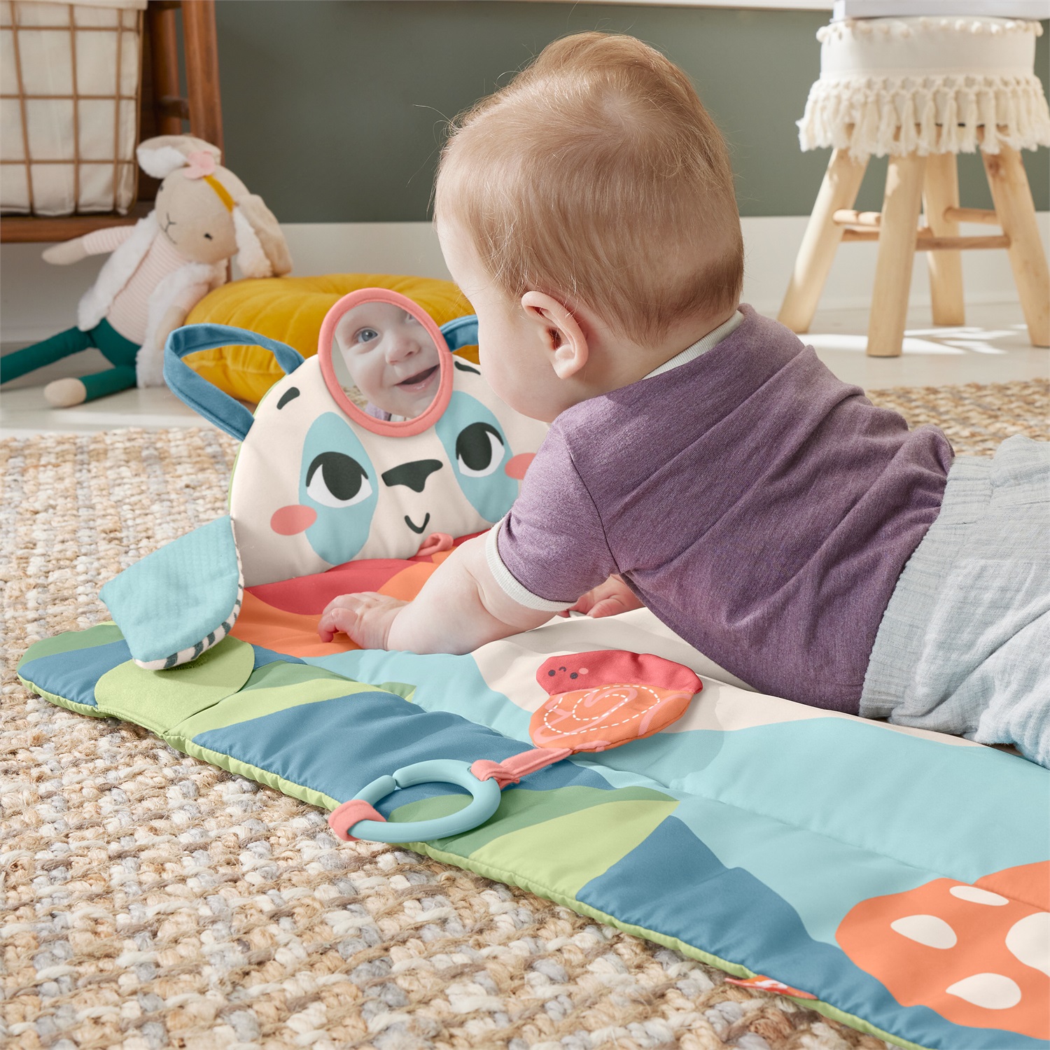 Fisher-Price Amici del Pianeta Tappetino da Gioco Panda - 3 in 1, Realizzato con Plastica Riciclata, Inclusi Gioco Frusciante e Specchietto, 0 Mesi
