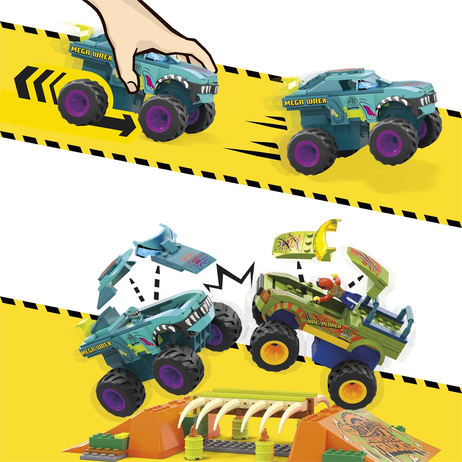 MEGA Hot Wheels Monster Trucks HKF89 - Set di costruzione Percorso Sfasciacarrozze Mega-Wrex con 332 pezzi, 2 veicoli e 2 micro action figures, per bambini 5 anni