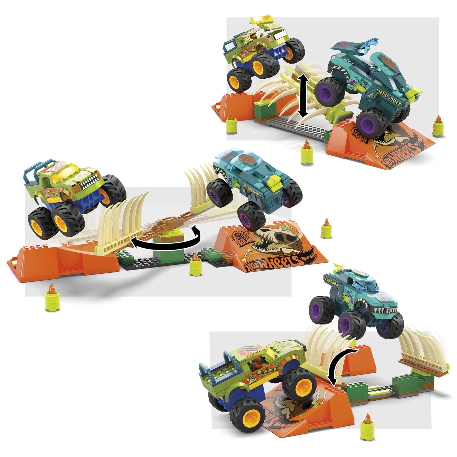 MEGA Hot Wheels Monster Trucks HKF89 - Set di costruzione Percorso Sfasciacarrozze Mega-Wrex con 332 pezzi, 2 veicoli e 2 micro action figures, per bambini 5 anni