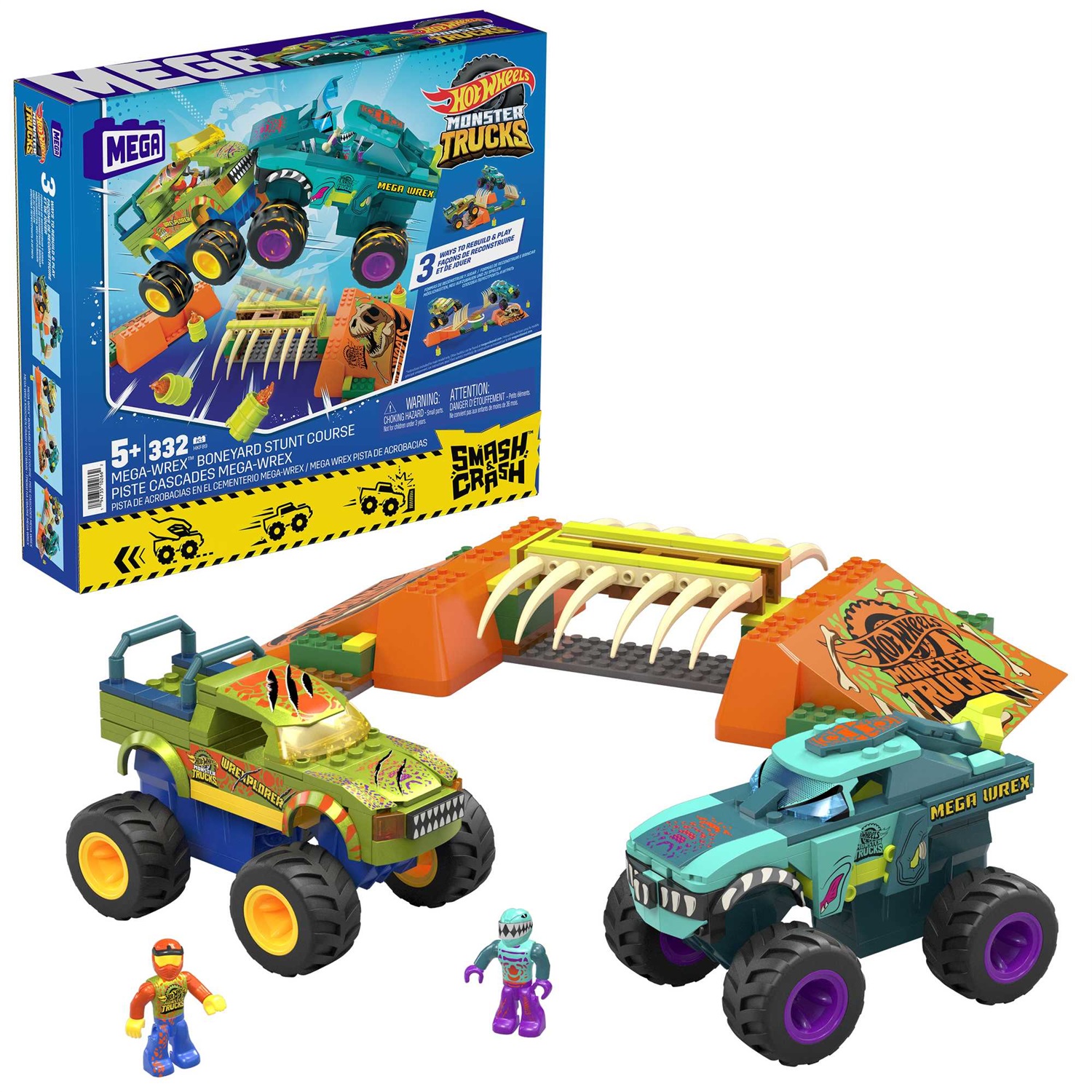 MEGA Hot Wheels Monster Trucks HKF89 - Set di costruzione Percorso Sfasciacarrozze Mega-Wrex con 332 pezzi, 2 veicoli e 2 micro action figures, per bambini 5 anni