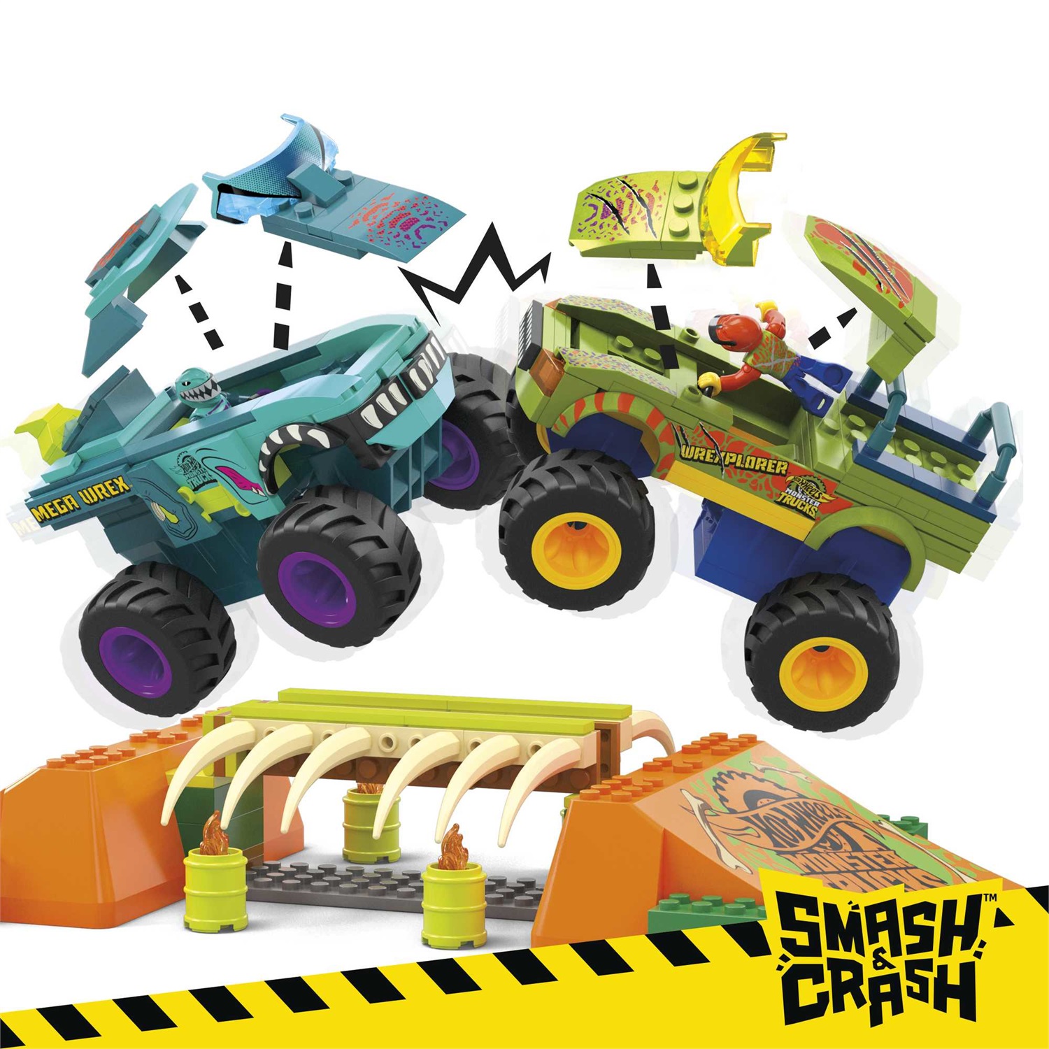MEGA Hot Wheels Monster Trucks HKF89 - Set di costruzione Percorso Sfasciacarrozze Mega-Wrex con 332 pezzi, 2 veicoli e 2 micro action figures, per bambini 5 anni