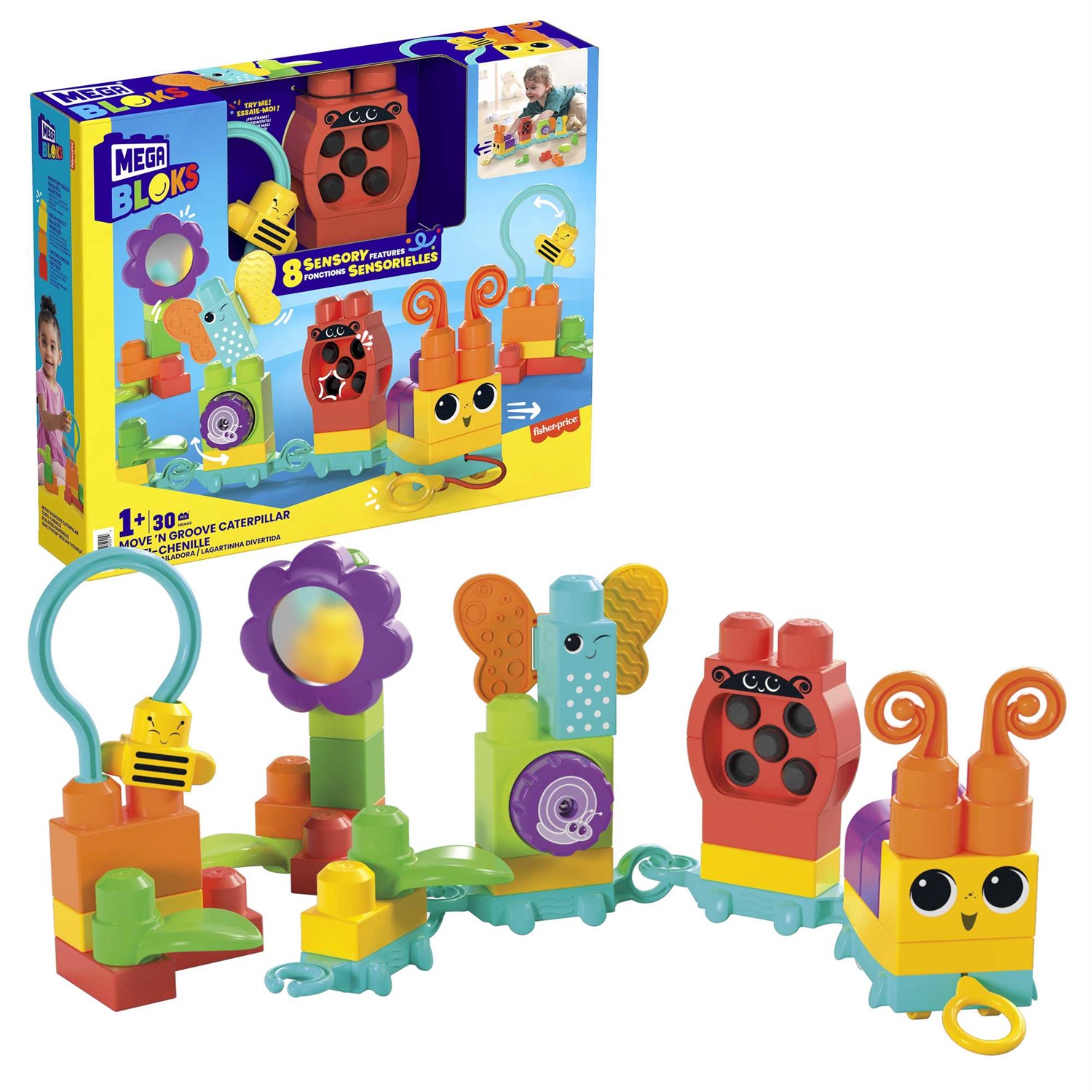 MEGA BLOKS HKN44 Move n Groove Caterpillar - Gioco di Costruzione Sensory per Bambini da 1 Anno con 30 Pezzi