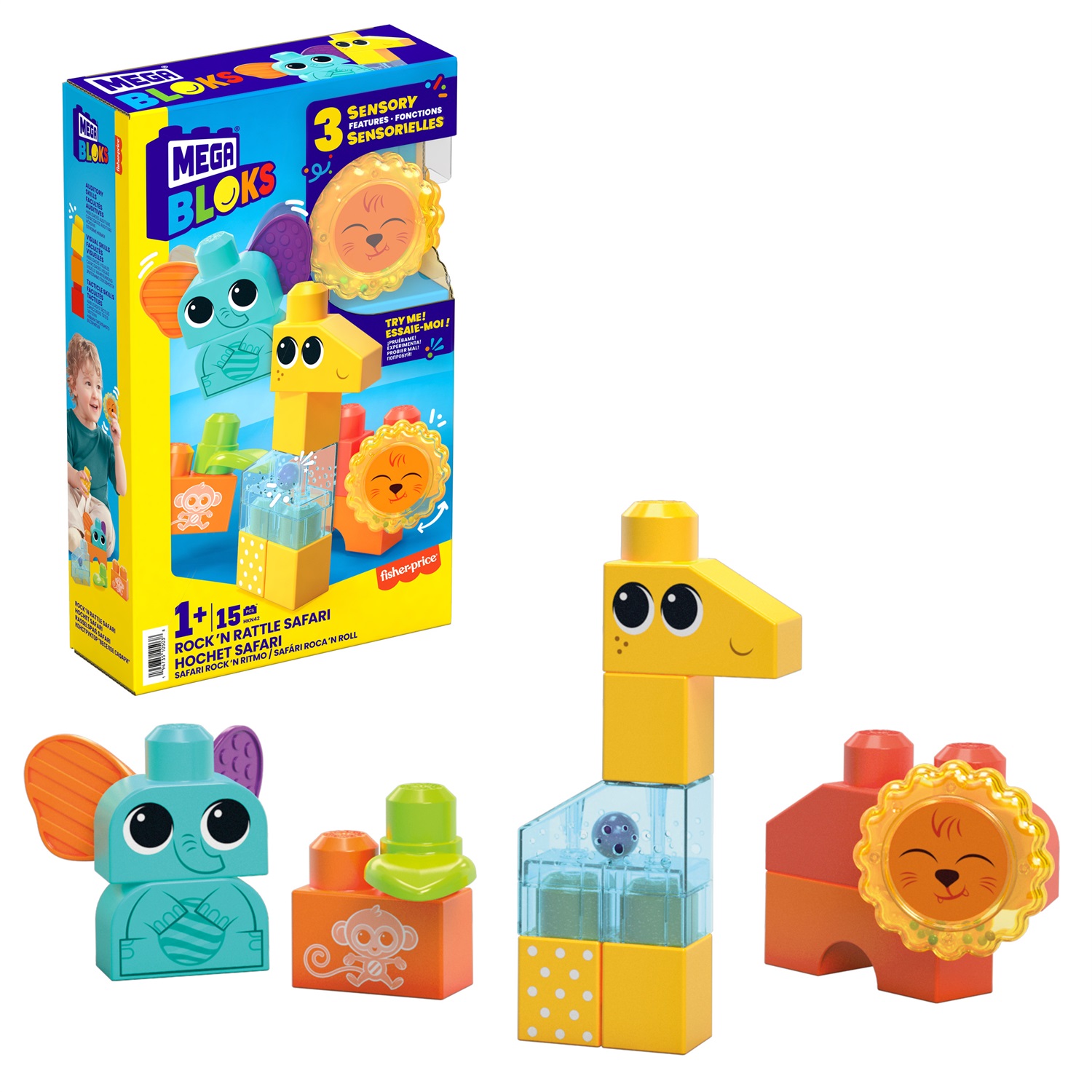 MEGA Bloks HKN42 Safari - Gioco di Costruzione con 15 Mattoncini Sensoriali (Leone, Giraffa, Elefante) per Bambini 1 Anno