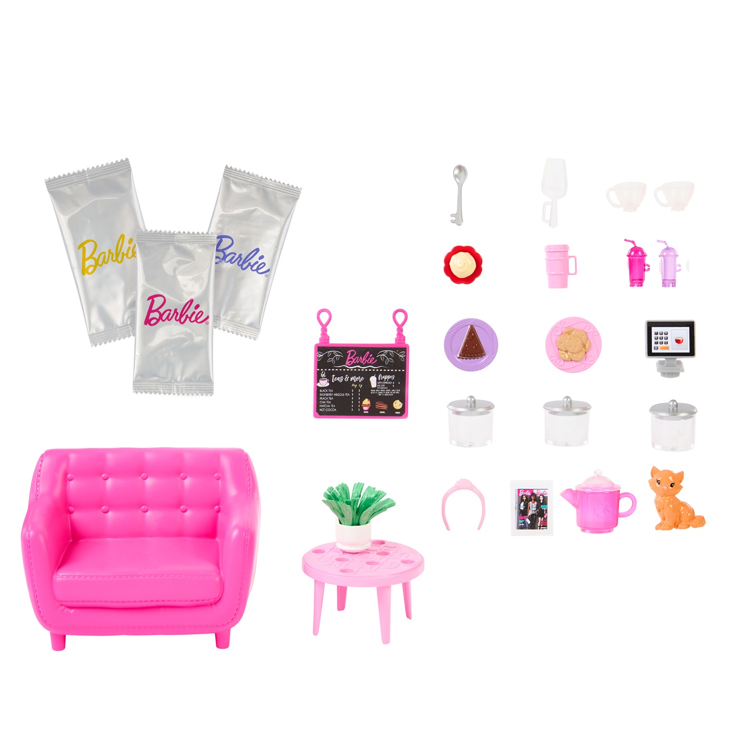 Barbie HKT94 Caffetteria Dolci Momenti - Playset con Teiera Cambia Colore, 1 Gattino e 21 Accessori