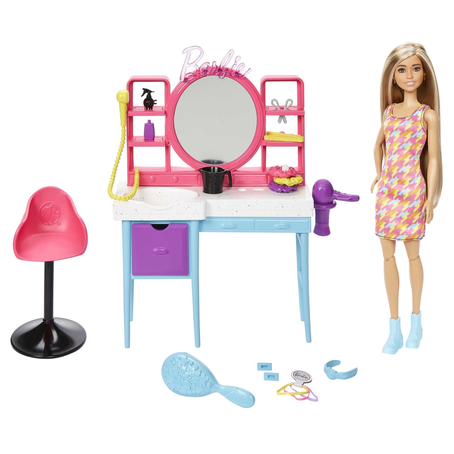 Mattel Barbie Salone di Bellezza - Playset Super Chioma con Bambola dai Capelli Lunghi Cambia-Colore e 15 Accessori