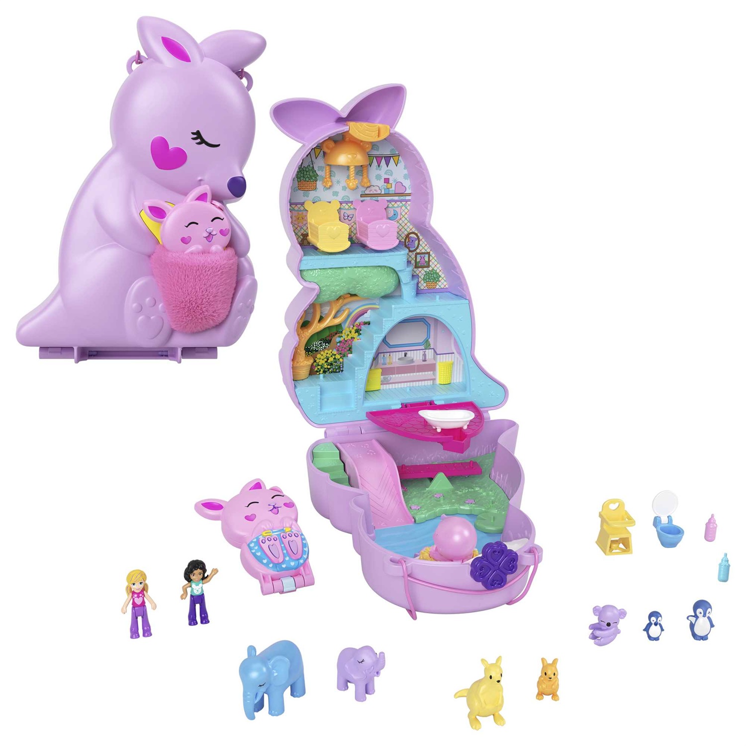 Polly Pocket HKV50 - Borsetta Canguro di Mama e Joey, set da gioco 2 in 1 con 2 micro bambole e accessori, ideale per bambini 4 anni