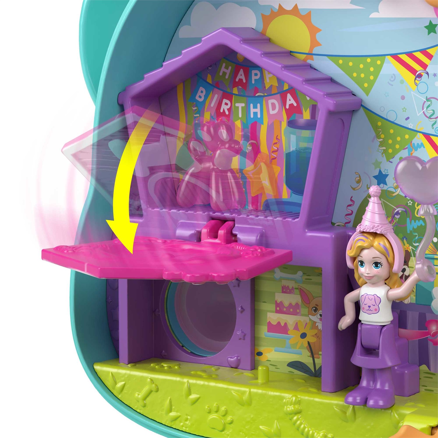 Mattel Polly Pocket - Cofanetto Il Compleanno del Cagnolino con 2 Micro Bambole e 14 Accessori, Giocattolo da Viaggio Tascabile per Bambini 4 Anni