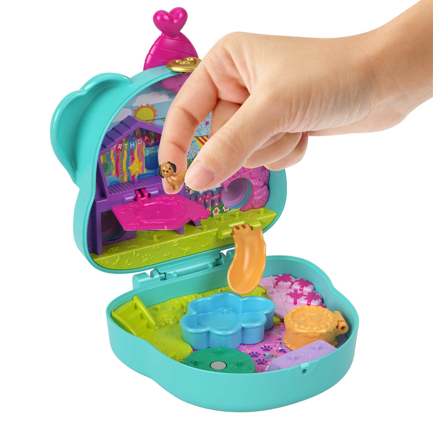 Mattel Polly Pocket - Cofanetto Il Compleanno del Cagnolino con 2 Micro Bambole e 14 Accessori, Giocattolo da Viaggio Tascabile per Bambini 4 Anni