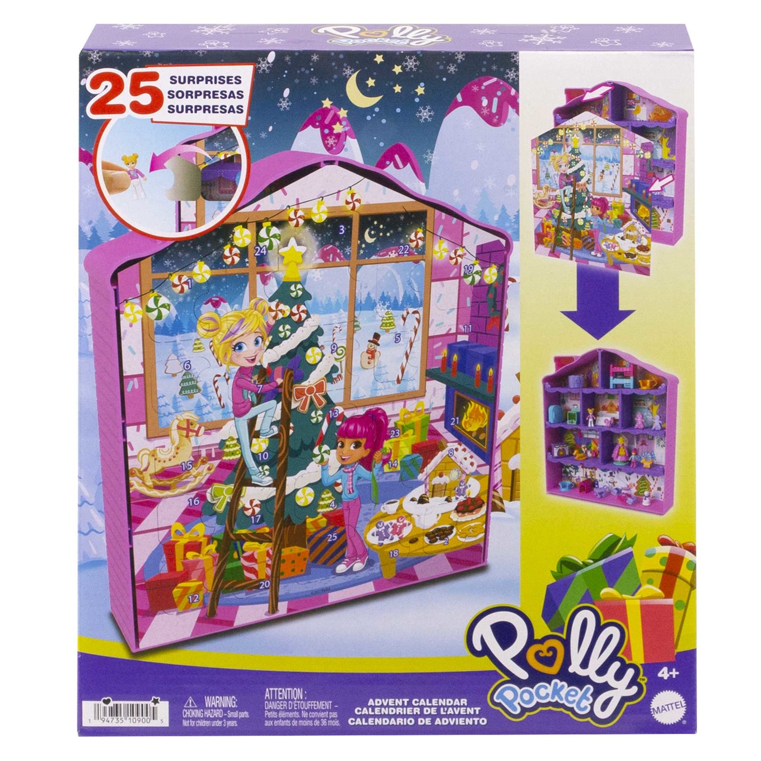 Polly Pocket - Calendario dell'Avvento Casa di Pan di Zenzero con 25 Sorprese Invernali, 2 Bambole e Tanti Accessori, Giocattolo per Bambini 4 Anni, HKW16