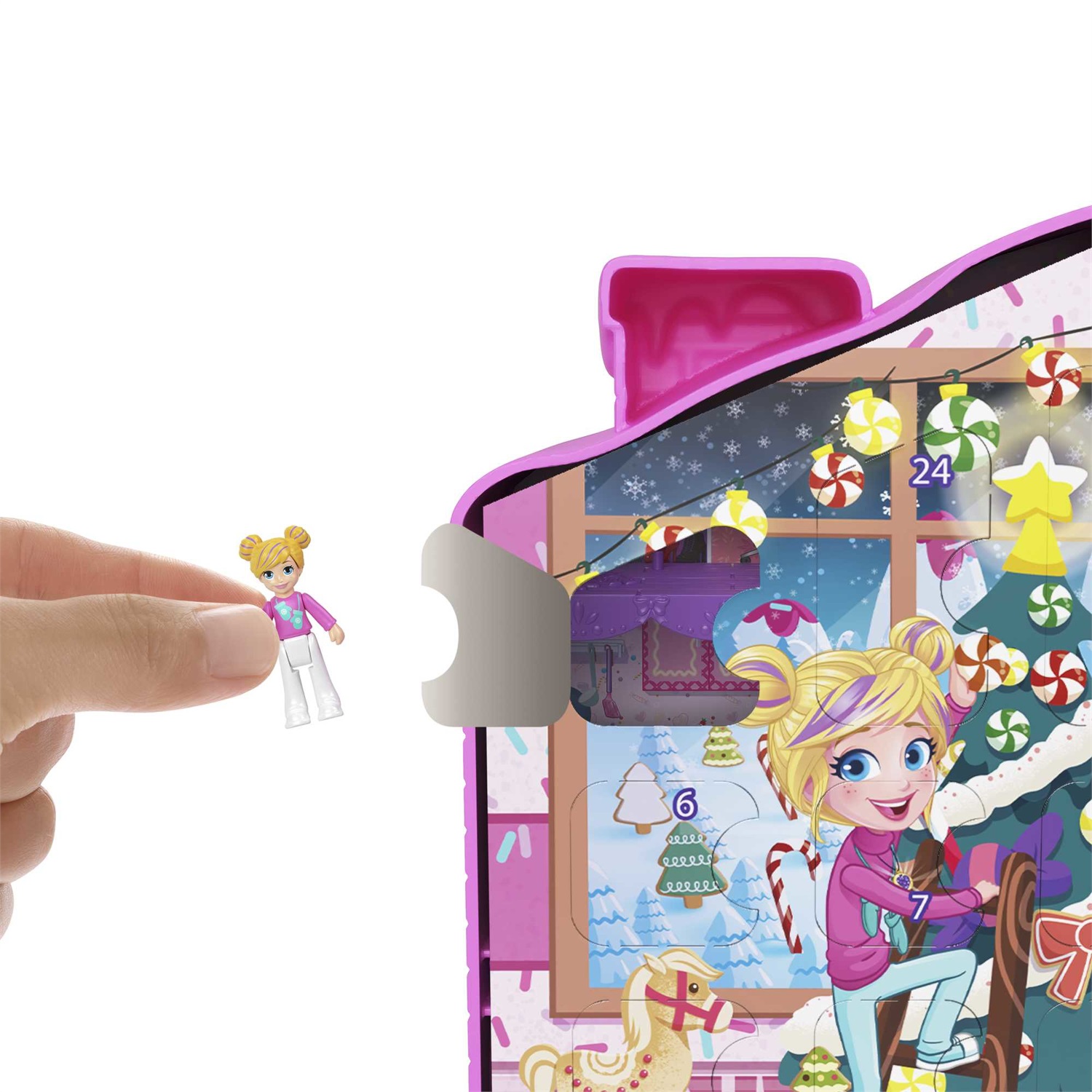 Polly Pocket - Calendario dell'Avvento Casa di Pan di Zenzero con 25 Sorprese Invernali, 2 Bambole e Tanti Accessori, Giocattolo per Bambini 4 Anni, HKW16