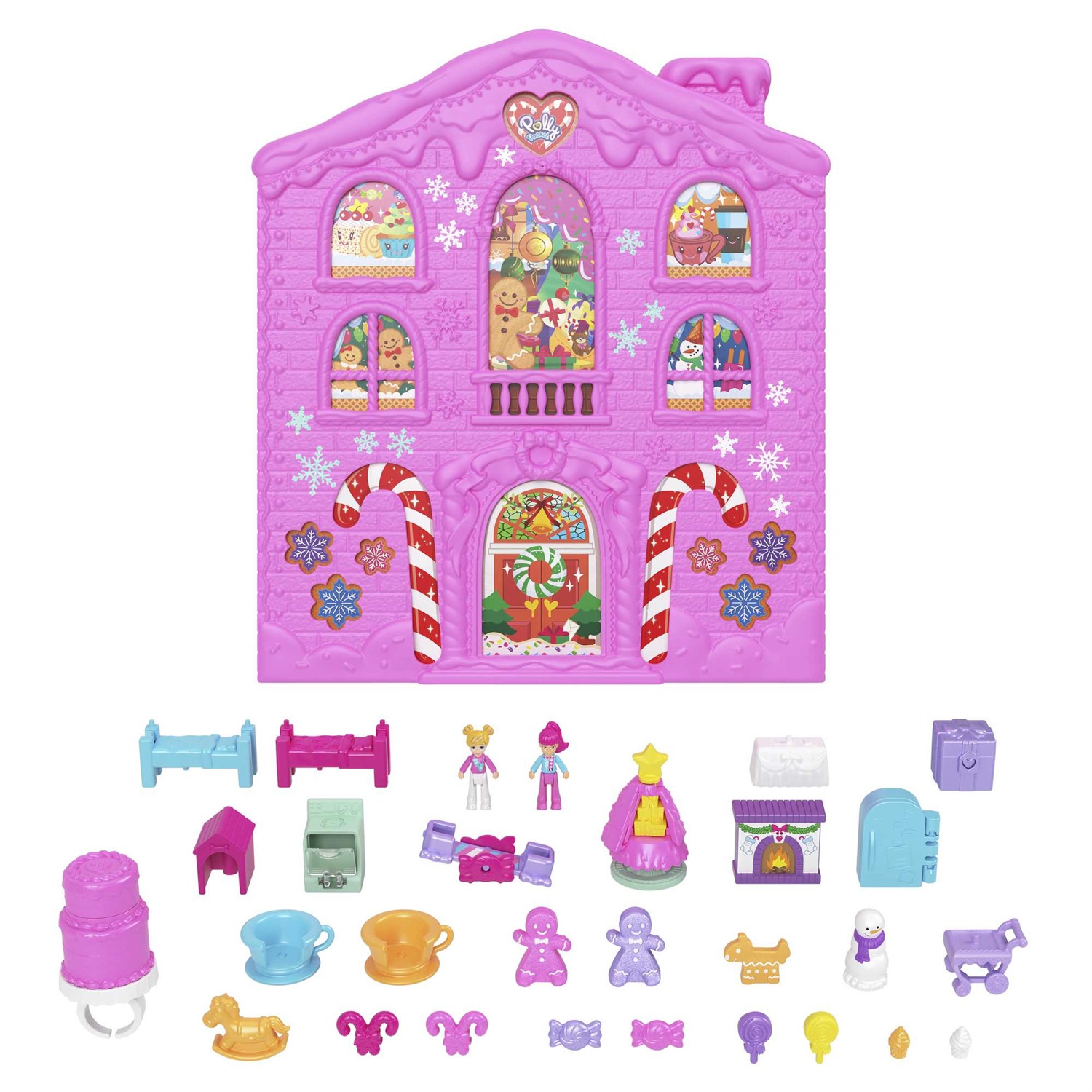 Polly Pocket - Calendario dell'Avvento Casa di Pan di Zenzero con 25 Sorprese Invernali, 2 Bambole e Tanti Accessori, Giocattolo per Bambini 4 Anni, HKW16