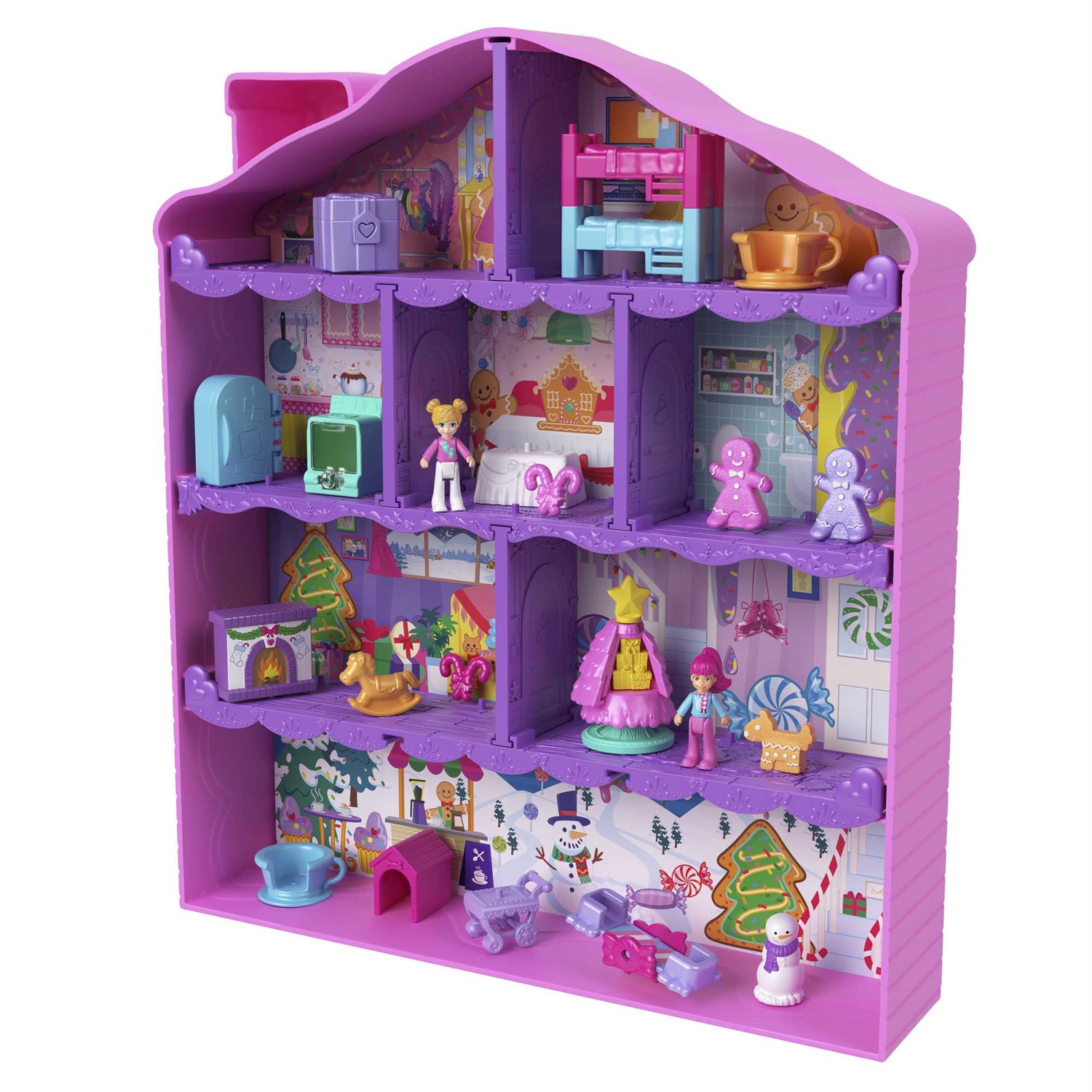 Polly Pocket - Calendario dell'Avvento Casa di Pan di Zenzero con 25 Sorprese Invernali, 2 Bambole e Tanti Accessori, Giocattolo per Bambini 4 Anni, HKW16