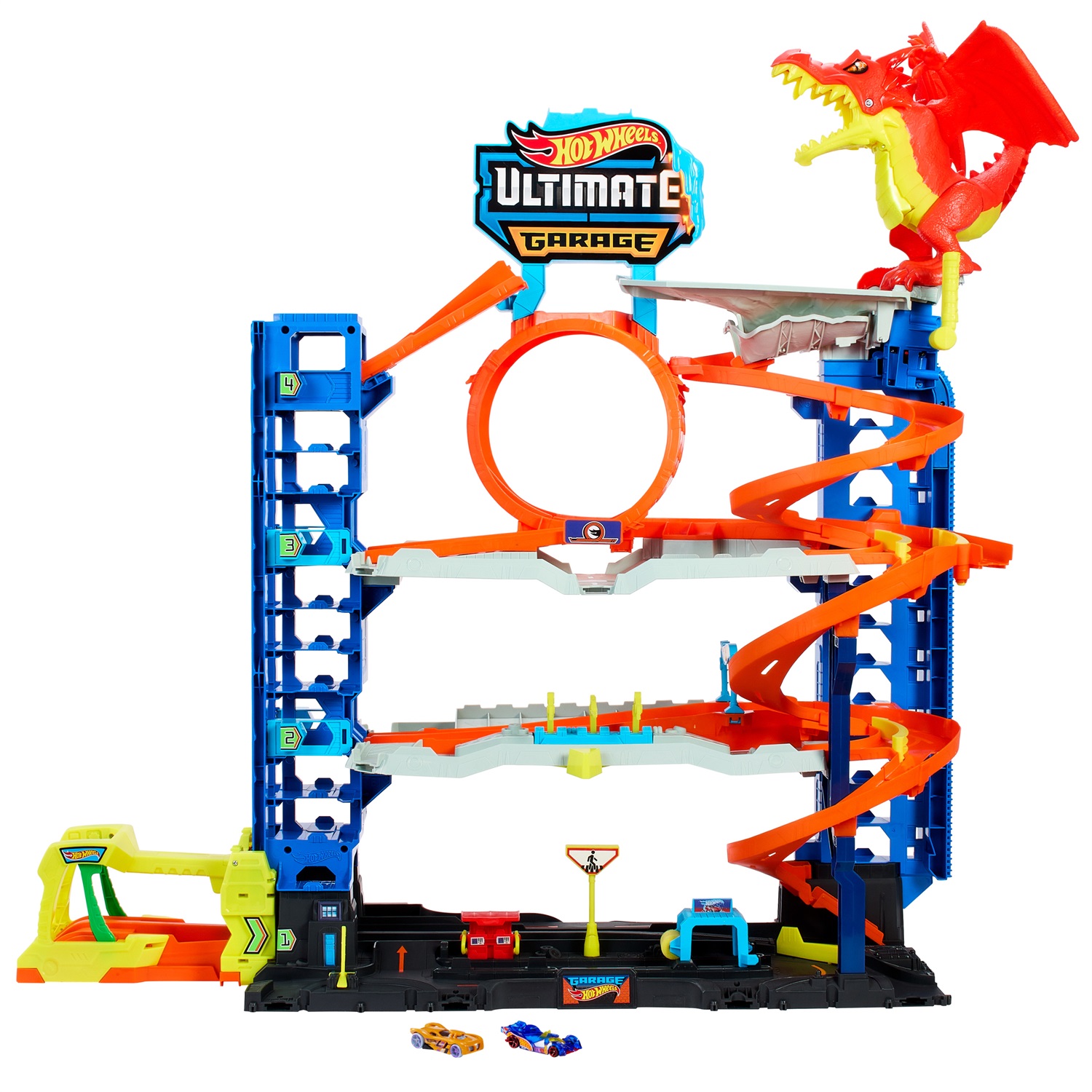 Hot Wheels Mega Garage HKX48 - Playset con 4 Livelli, Drago Divora Auto, 2 Macchinine Die-Cast e Box per 50 Veicoli, 4 Anni