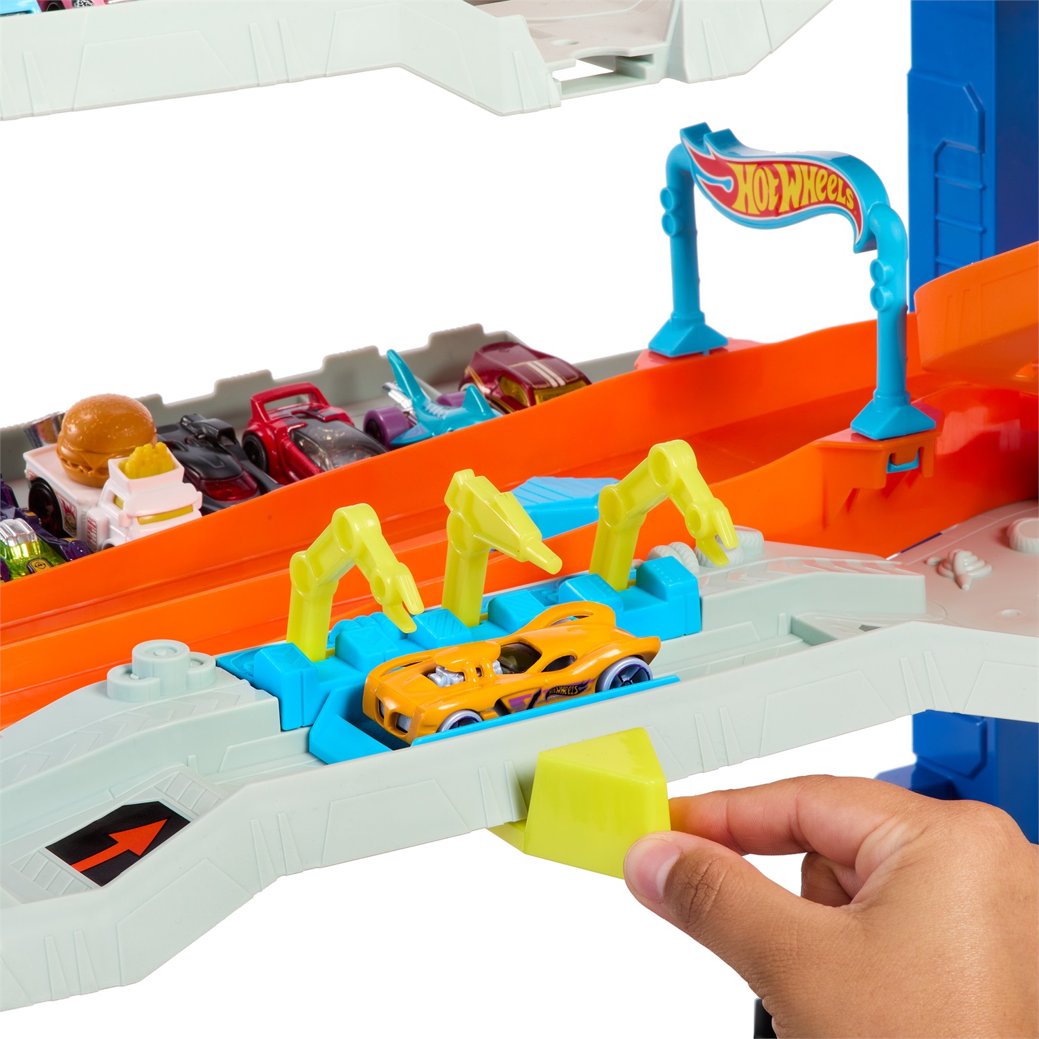 Hot Wheels Mega Garage HKX48 - Playset con 4 Livelli, Drago Divora Auto, 2 Macchinine Die-Cast e Box per 50 Veicoli, 4 Anni