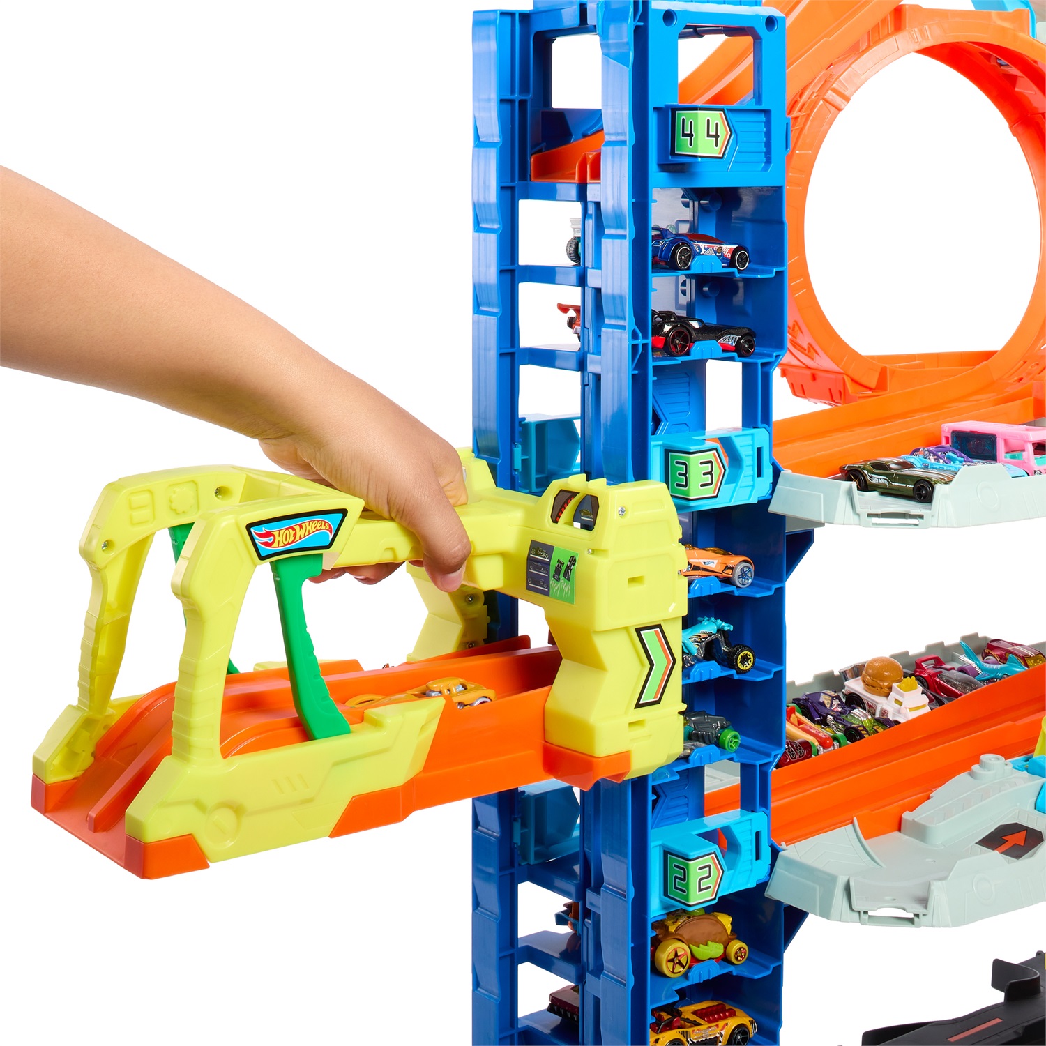 Hot Wheels Mega Garage HKX48 - Playset con 4 Livelli, Drago Divora Auto, 2 Macchinine Die-Cast e Box per 50 Veicoli, 4 Anni