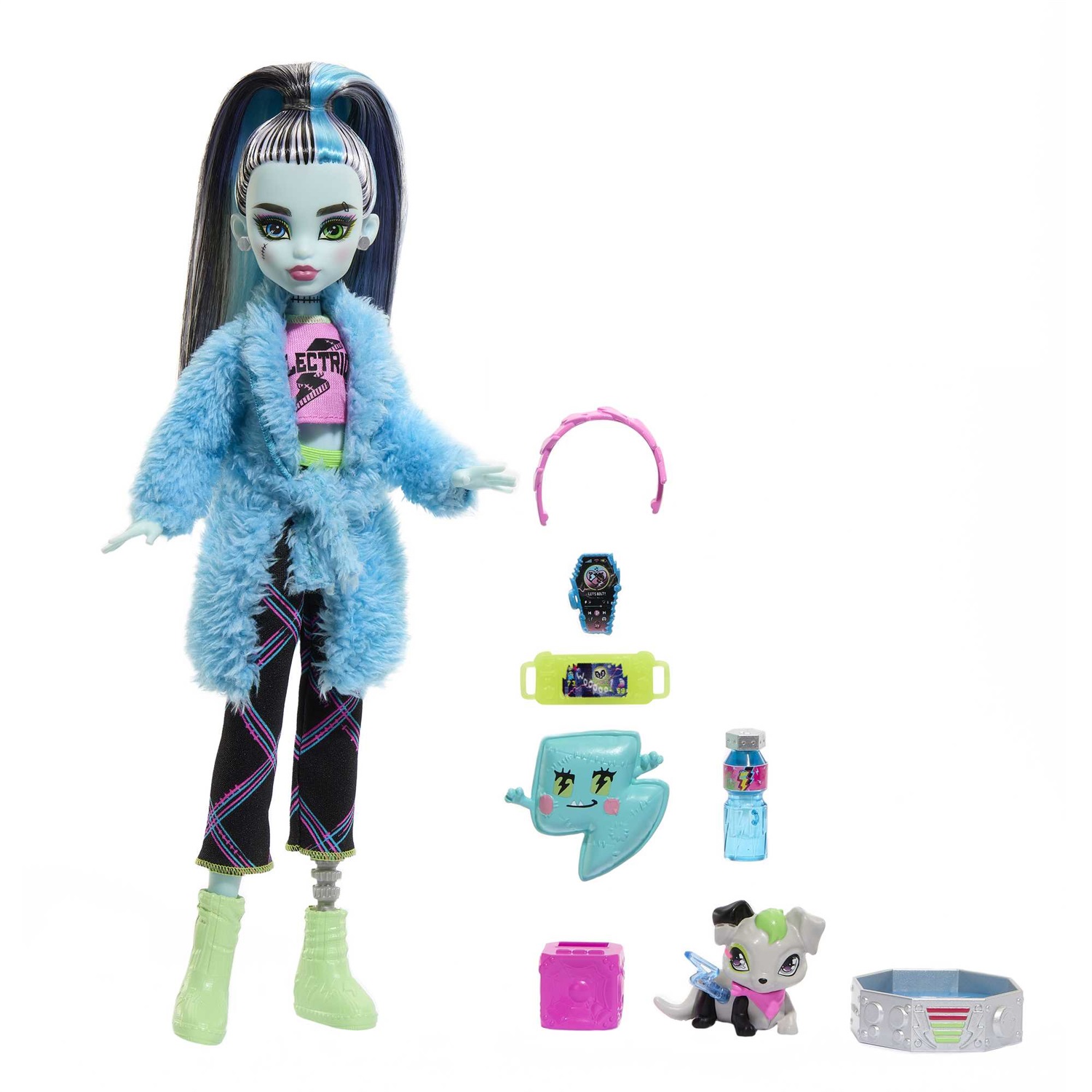 Mattel Monster High HKY68 Frankie Stein - Bambola Creepover Party con Outfit Dettagliato e Cucciolo Watzie, Giocattolo per Bambini 4 Anni