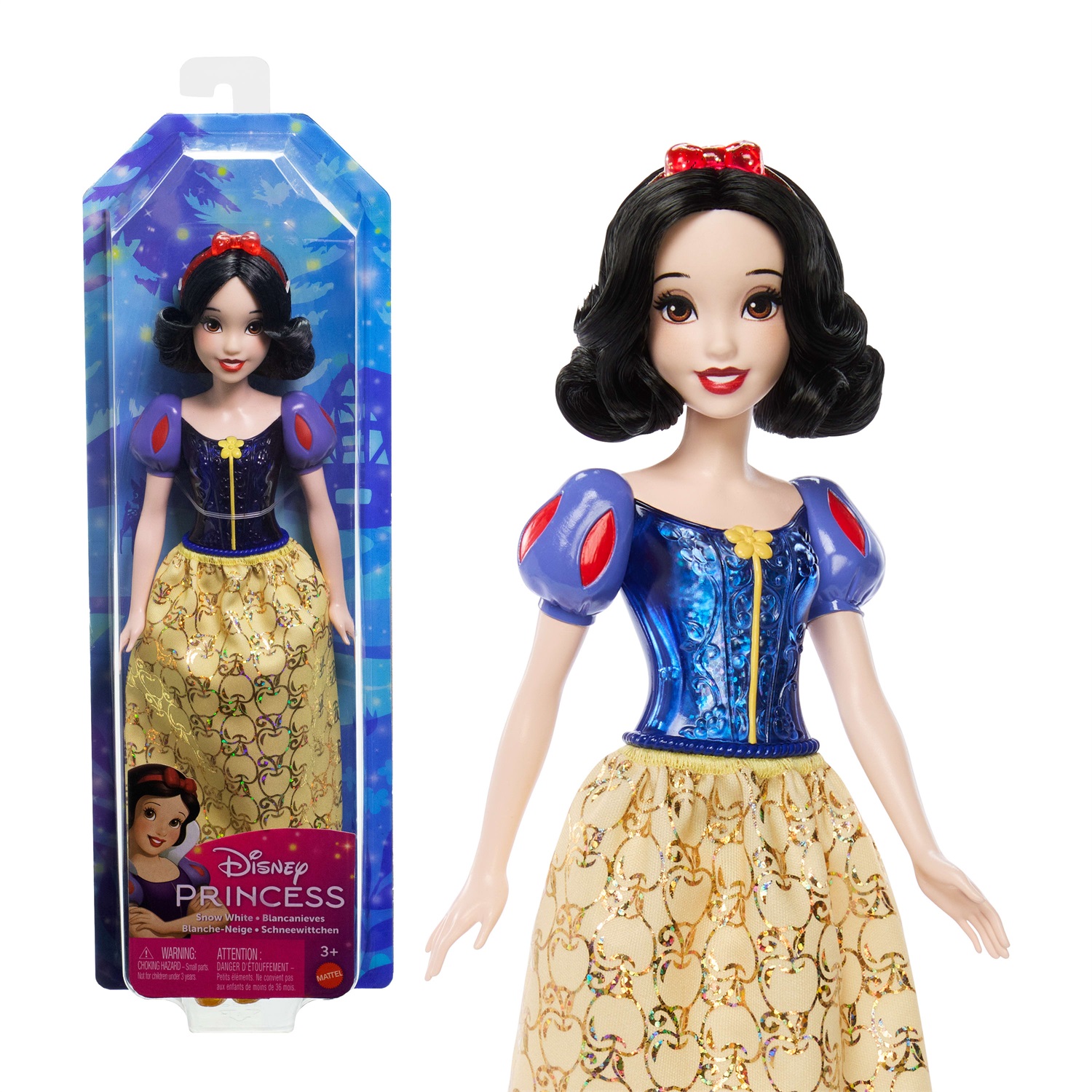 Mattel Disney Princess HLW08 Bambola Biancaneve Snodata con Outfit e Accessori Scintillanti - Giocattolo per Bambini 3 Anni