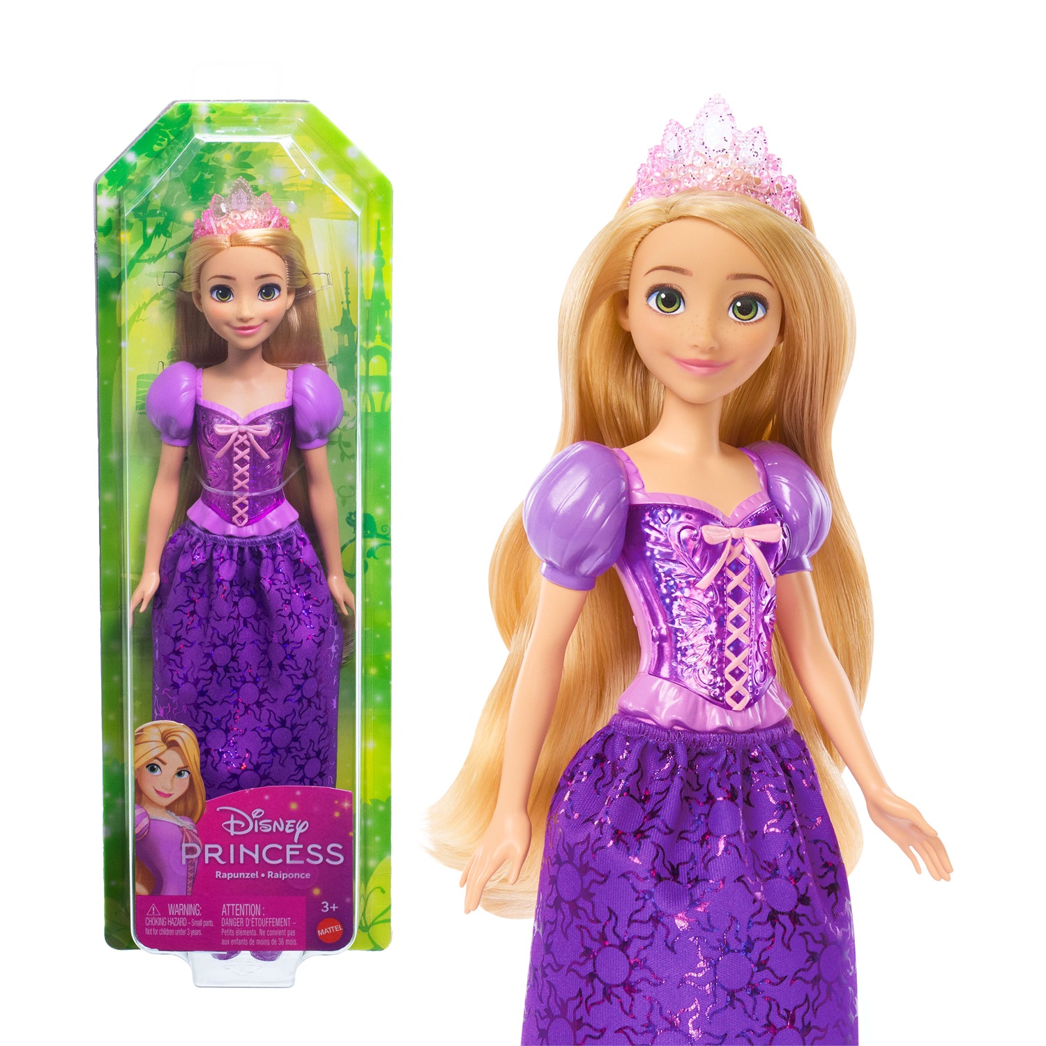 Mattel Disney Princess Rapunzel - Bambola snodata vestita alla moda con accessori scintillanti, ispirata al film 'Rapunzel - L'Intreccio della Torre', 3 Anni, HLW03