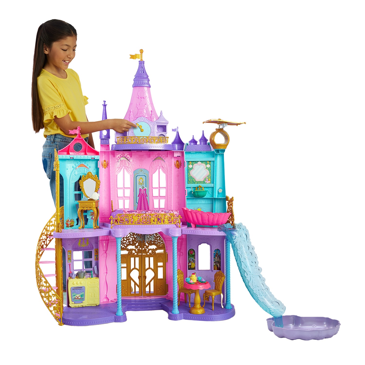 Mattel Disney Princess - Magiche Avventure nel Castello, playset alto 122 cm con 3 livelli, 10 aree di gioco, luci e suoni, 25 mobili e accessori inclusi, giocattolo per bambini da 3 anni
