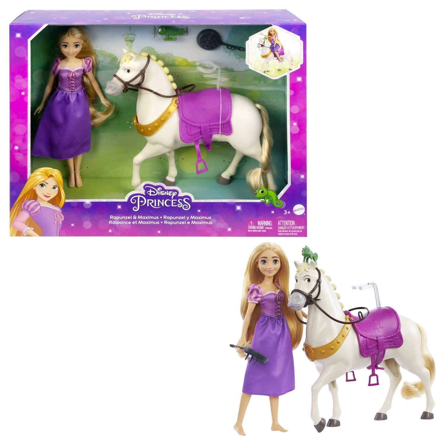 Mattel Disney Princess - Bambola Rapunzel con Maximus e Pascal, Accessori da Equitazione, Giocattolo per Bambini 3 Anni, HLW23