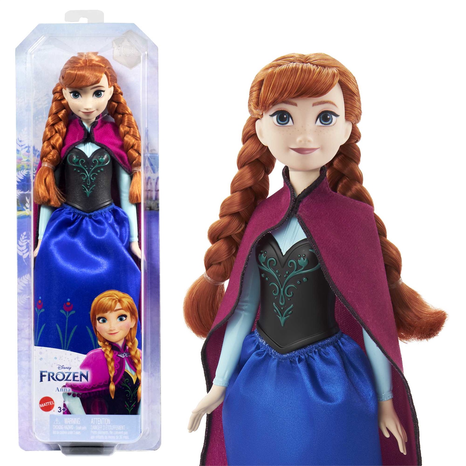 Mattel Frozen HLW49 - Bambola Anna snodata con abito elegante, mantello e accessori ispirati al film Disney Frozen, 30 cm, per bambini 3 anni
