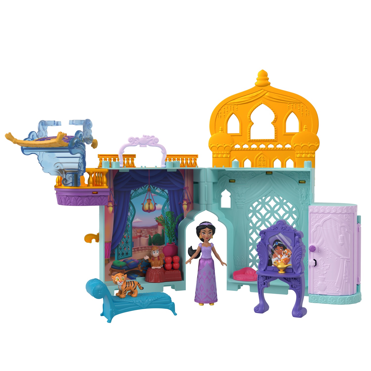 Mattel Disney Princess - Il Castello di Jasmine, playset componibile con bambola, 2 amici personaggi e 7 accessori, design ispirato al film Aladdin, giocattolo per bambini 3 anni, HLW93