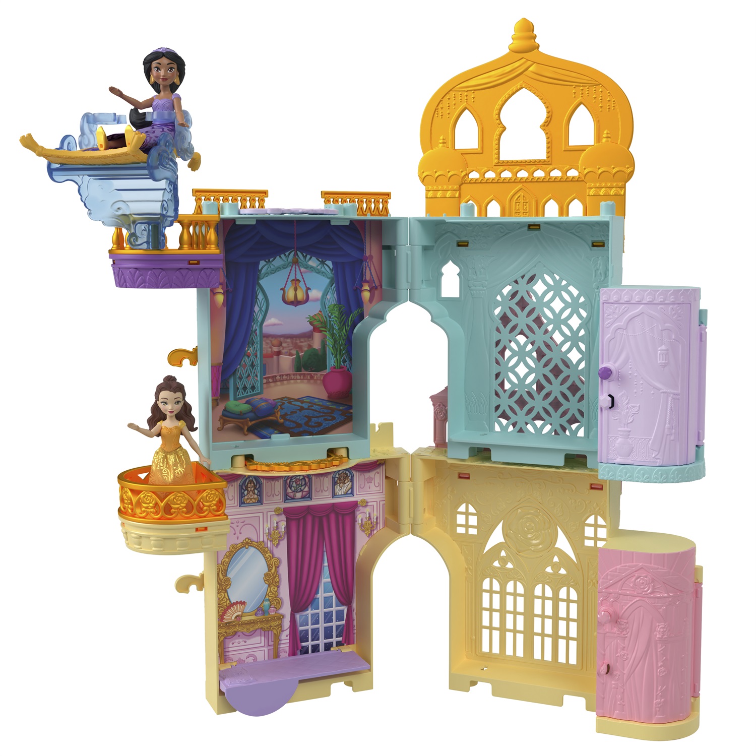 Mattel Disney Princess - Il Castello di Jasmine, playset componibile con bambola, 2 amici personaggi e 7 accessori, design ispirato al film Aladdin, giocattolo per bambini 3 anni, HLW93