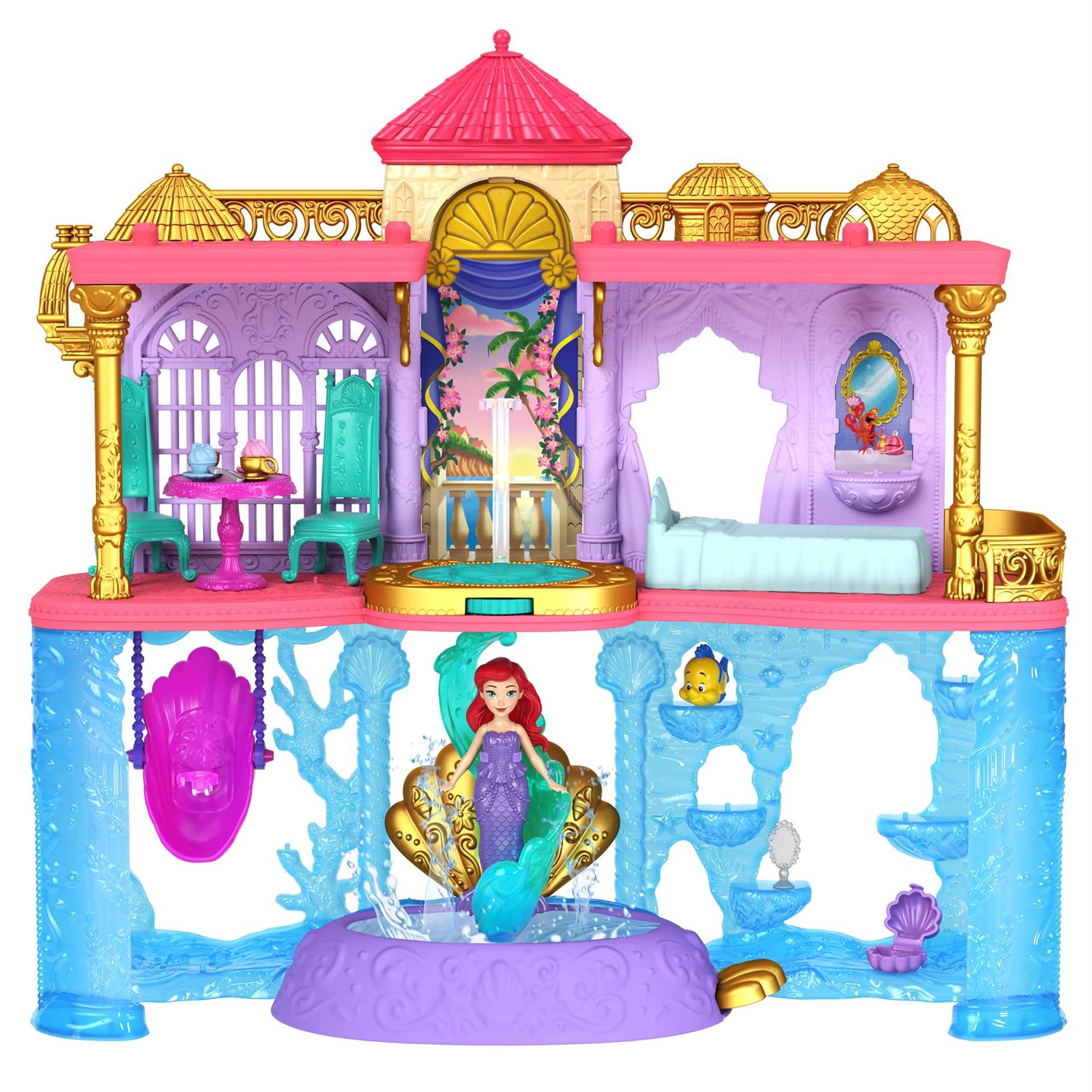 Mattel Disney Princess - Il Castello dei Due Mondi di Ariel, Playset Componibile con Mini Bambola, 1 Amico, 12 Accessori, 6 Aree Gioco e Piscina, Giocattolo per Bambini 3 Anni, HLW95