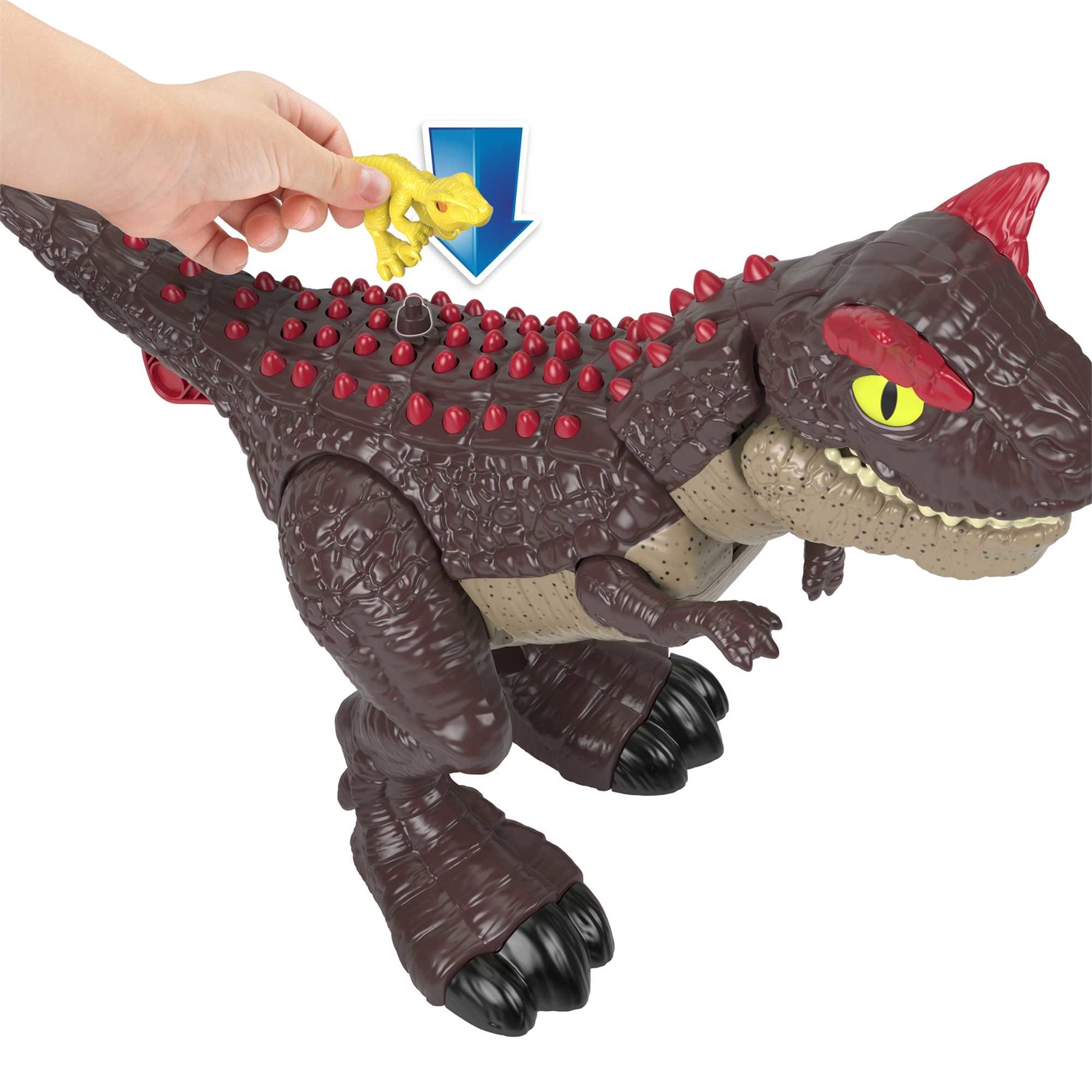 Fisher-Price Imaginext Carnotauro Aculei Pungenti - Dinosauro alto 28 cm con cucciolo di velociraptor e pulsante attivazione fauci, giocattolo per bambini 3 anni